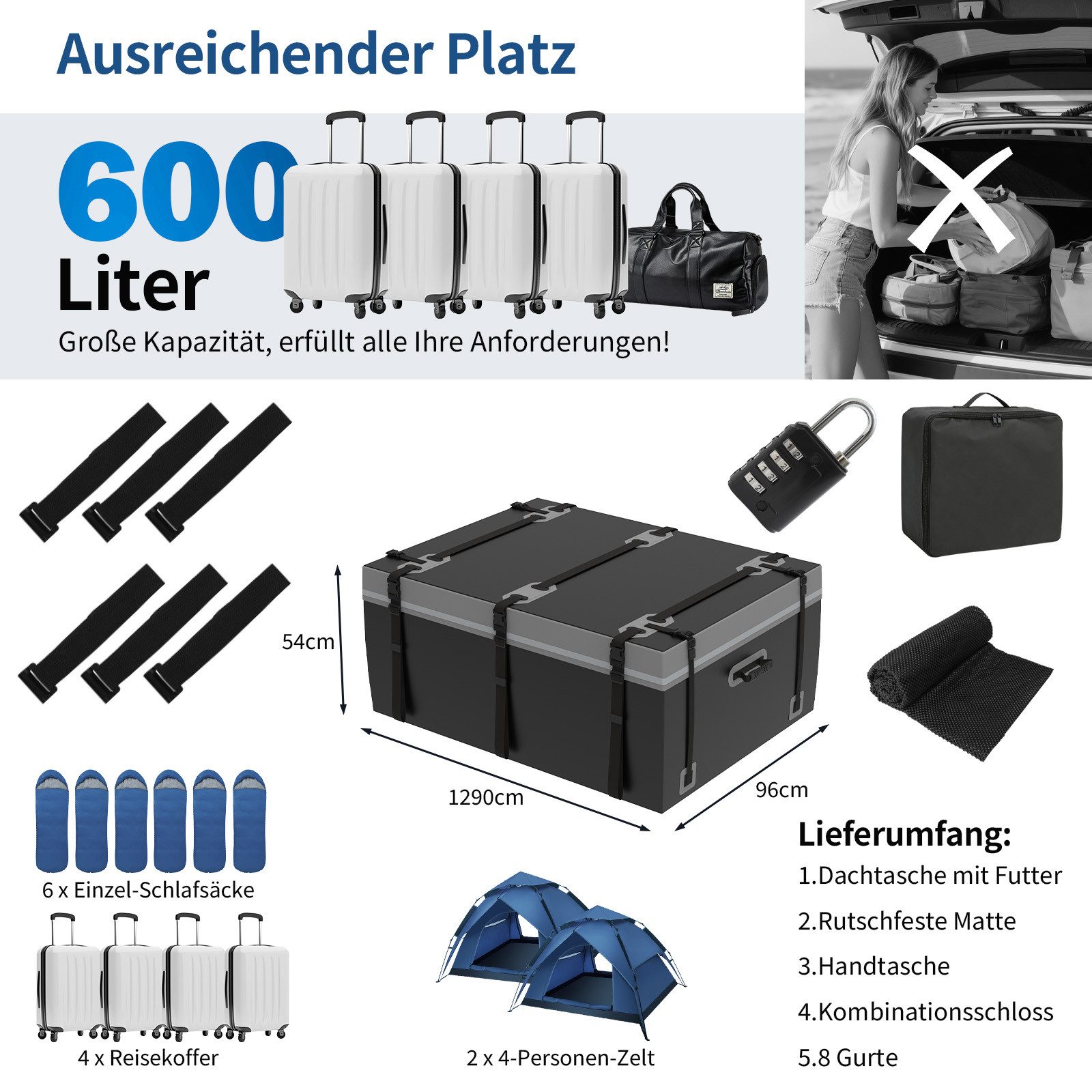 Puluomis Dachbox Auto 600L Faltbar Wasserdicht mit Türhaken, Schloss, 8 robuste Gurte, (500D Dachtasche Dachkoffer, für Autos mit/ohne Gepäckträger)