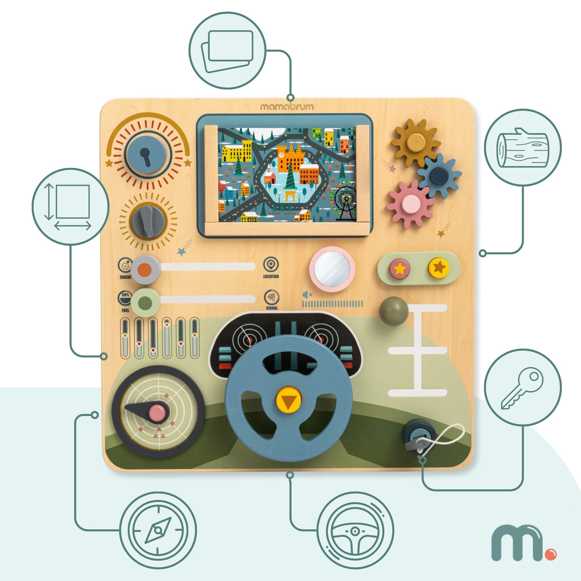 Mamabrum Lernspielzeug Cockpit Board – Montessori Activity Board mit Lenkrad & Themenwelten
