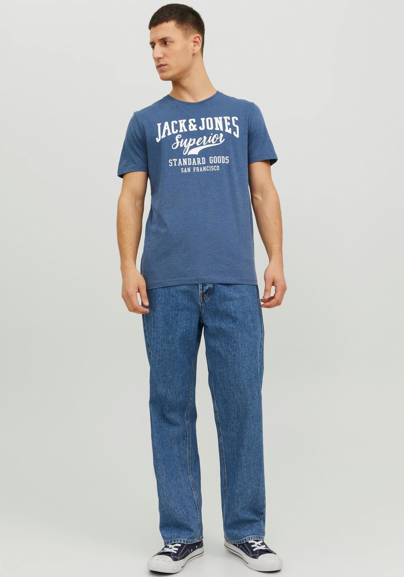 Jack & Jones Print-Shirt JJELOGO COL SS 1 TEE SN AW23 MEL O-NECK Blue Ensign