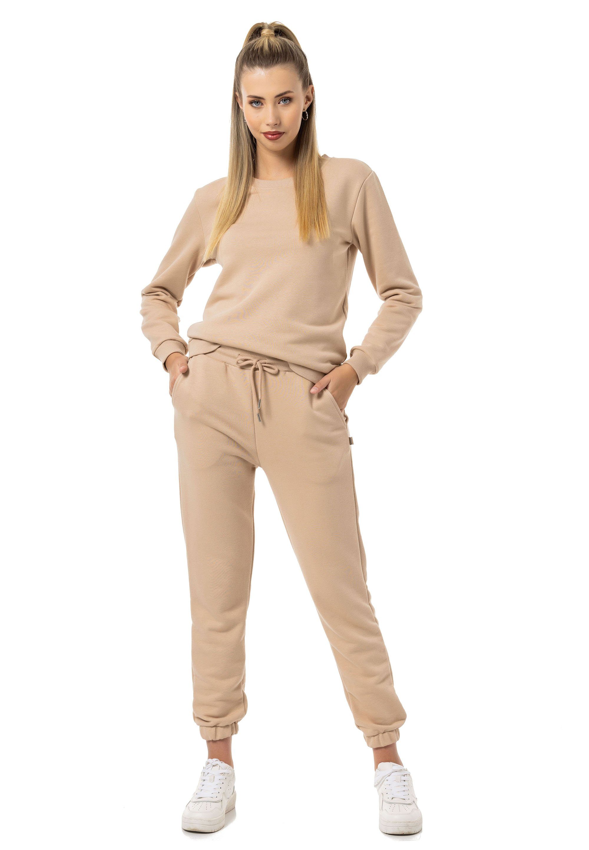 Premium Sweatpant mit Jogginganzug (Spar-Set, Premium Sweatshirt Qualität 2-tlg), Beige RedBridge Basic