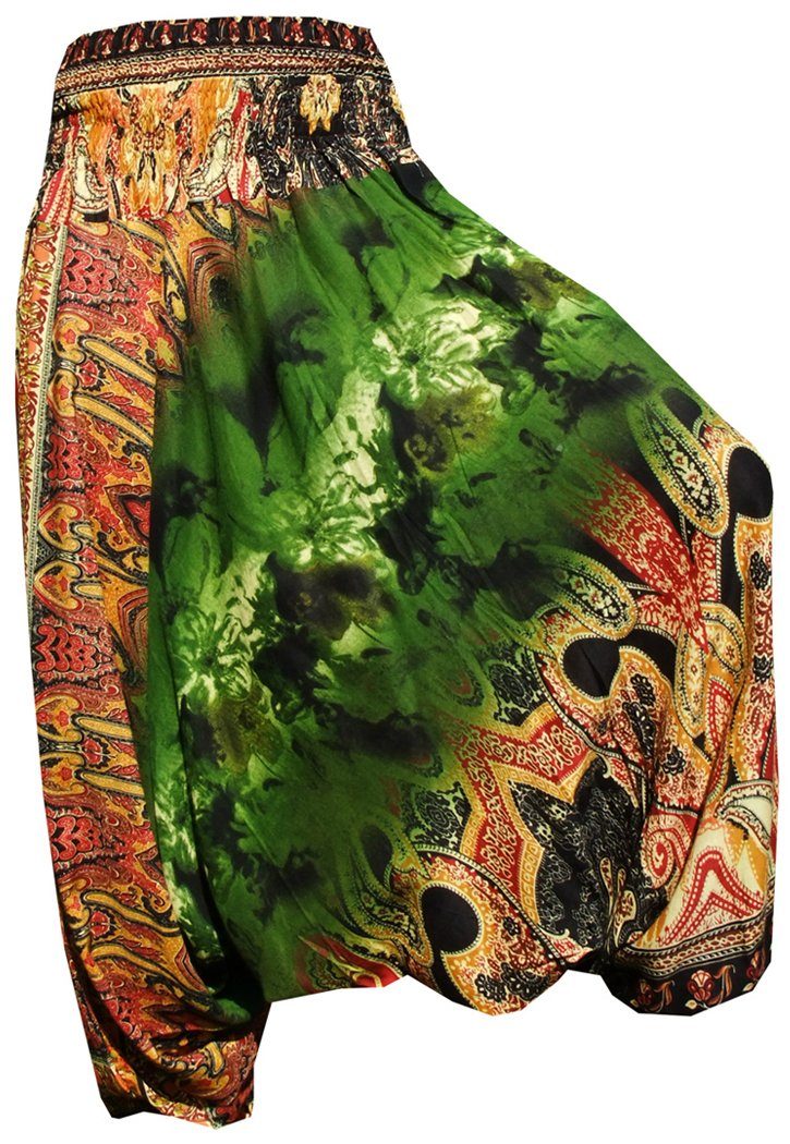 PANASIAM Pumphose Aladinhose Batik Optik Haremshose aus 100% natürlicher Viskose farbenfrohe Freizeithose bequeme Sommerhose Pumphose Pluderhose Batik grün