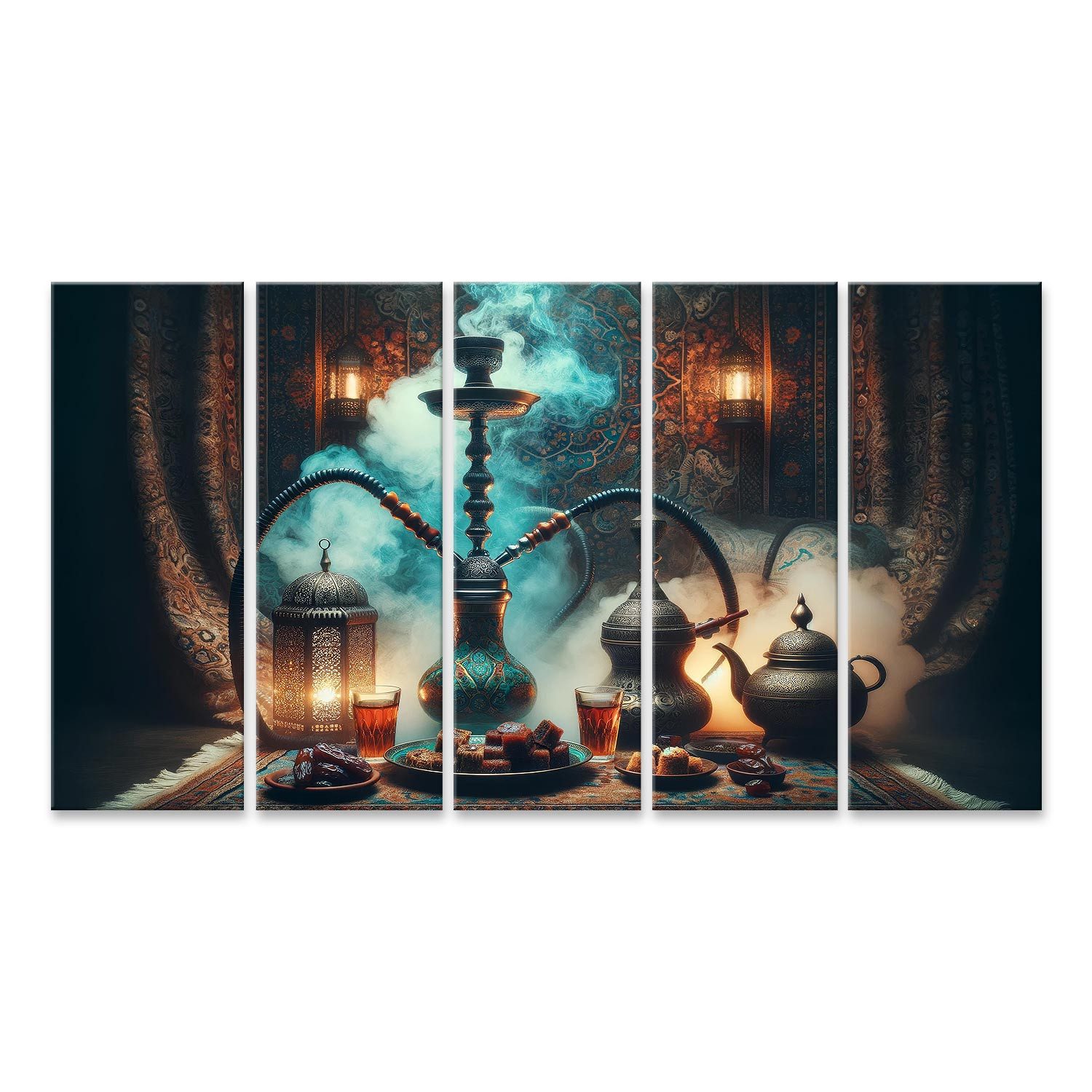 Leinwandbild Orientalische Wasserpfeife mit Tee und Gebäck für Shisha Lounge Bar