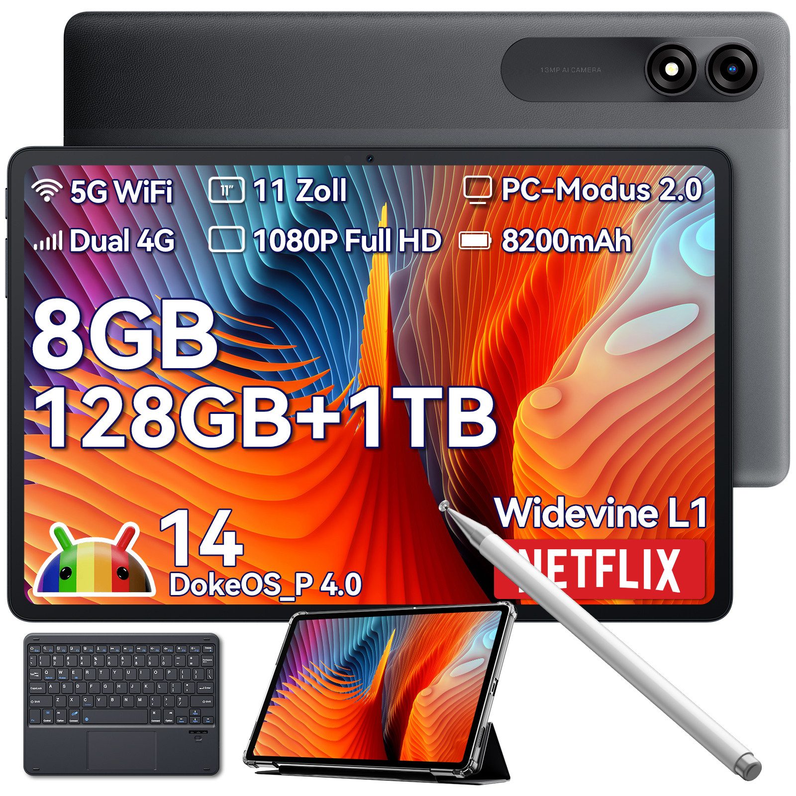 blackview Tab90(8GB+128GB) 4G LTE incl. Stift/ Hüllen/Tastatur Tablet (11", 128 GB, 4GLTE, mit Tablet-Stift/Hüllen/ Englische Tastatur, 8200 mAh, Android 14)