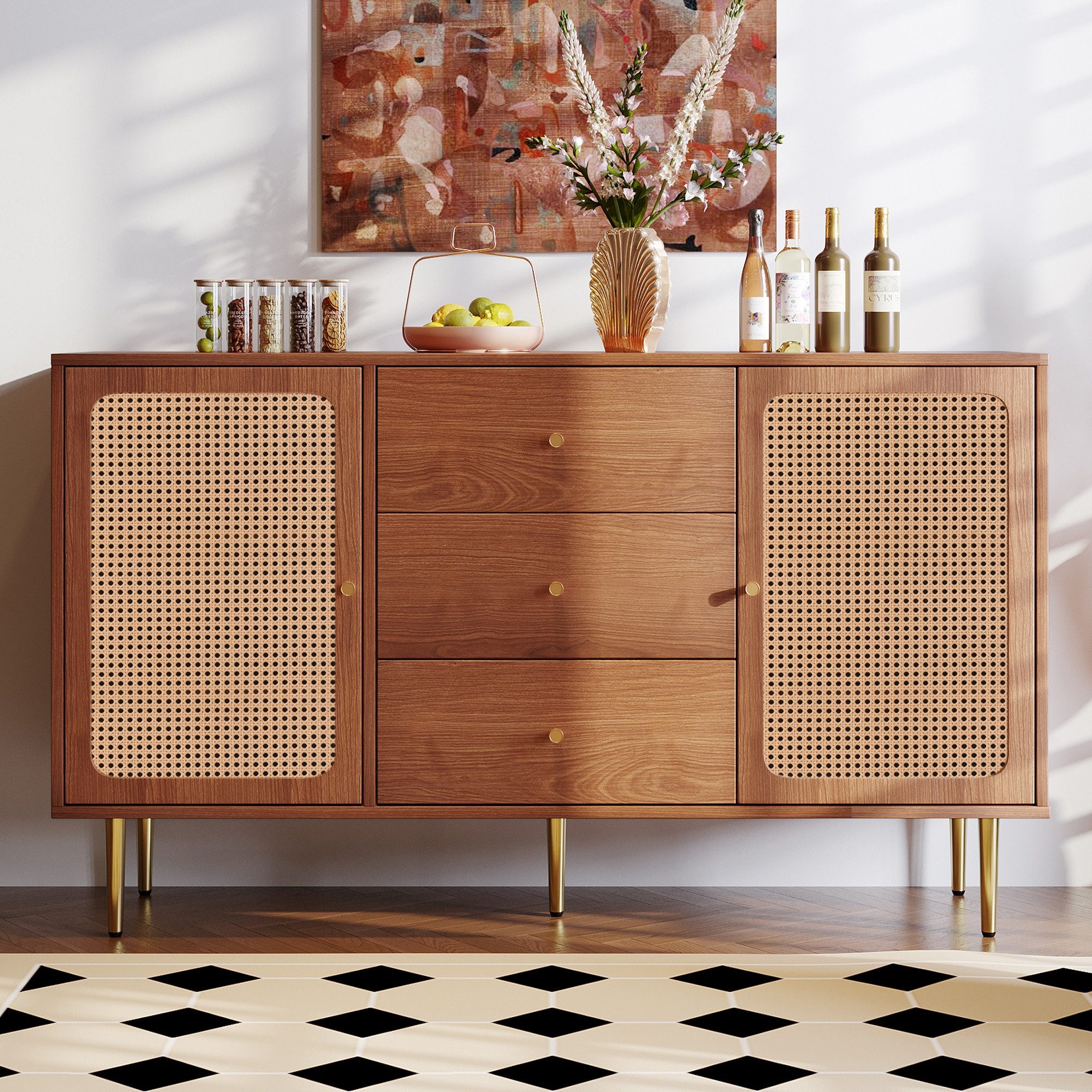Schubkastenkommode Rattan-Kommode 2 Türen +3 Schubladen verstellbar
