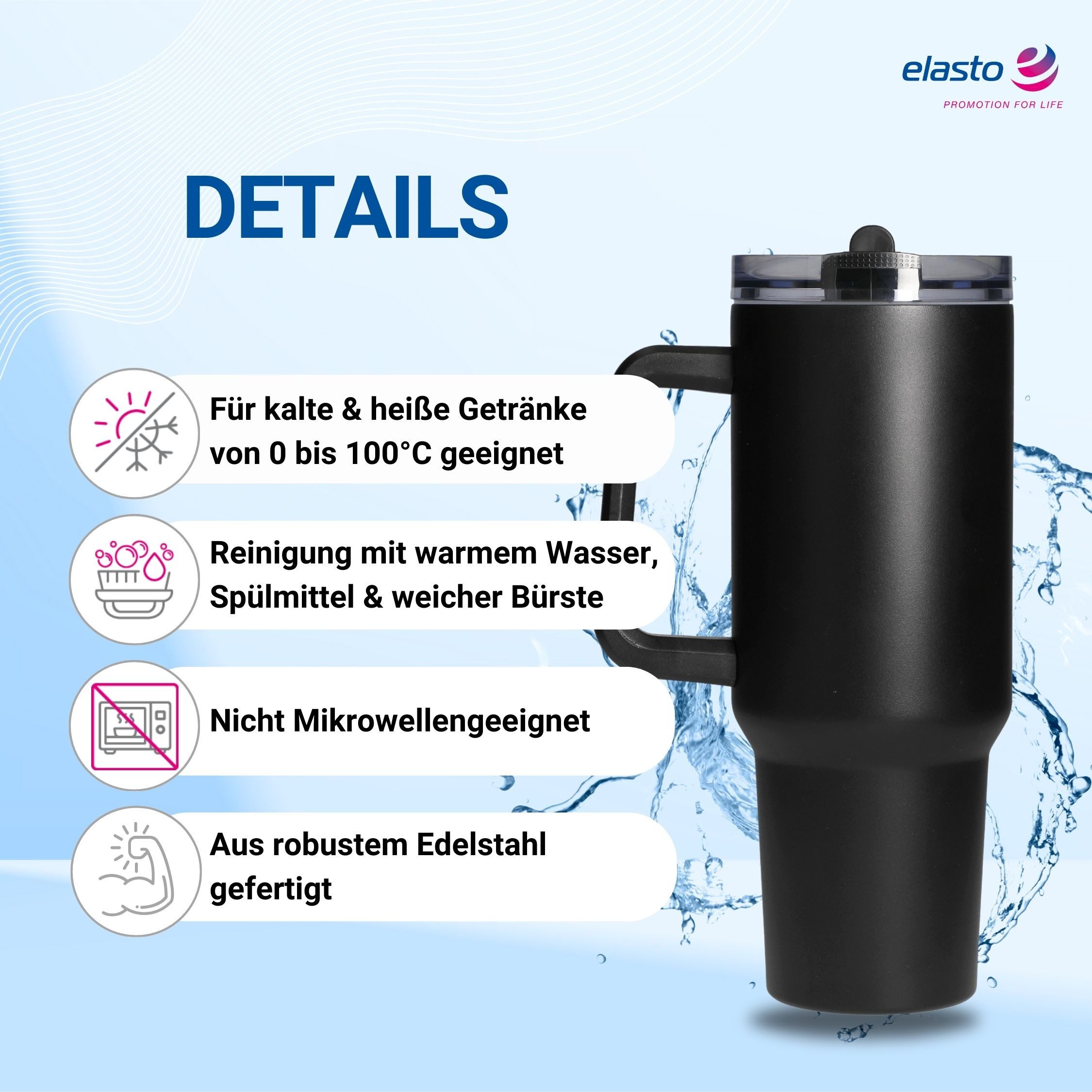 elasto Becher Edelstahl Trinkbecher mit Deckel und Strohhalm 1,2 Liter, isoliert, robust, für unterwegs