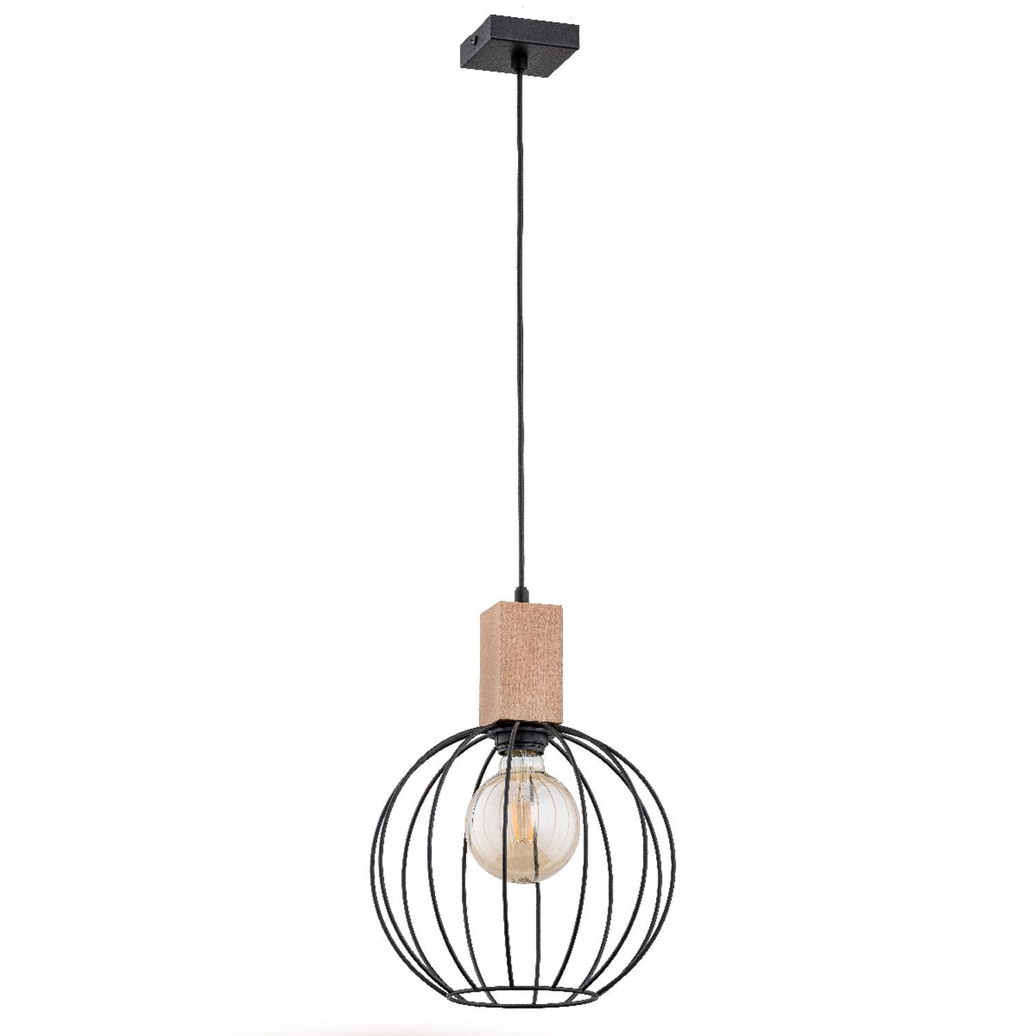Licht-Erlebnisse Pendelleuchte RENZO, ohne Leuchtmittel, Holz E27 Ø 25 cm H: max. 90 cm Schwarz Natur rund Kugelschirm