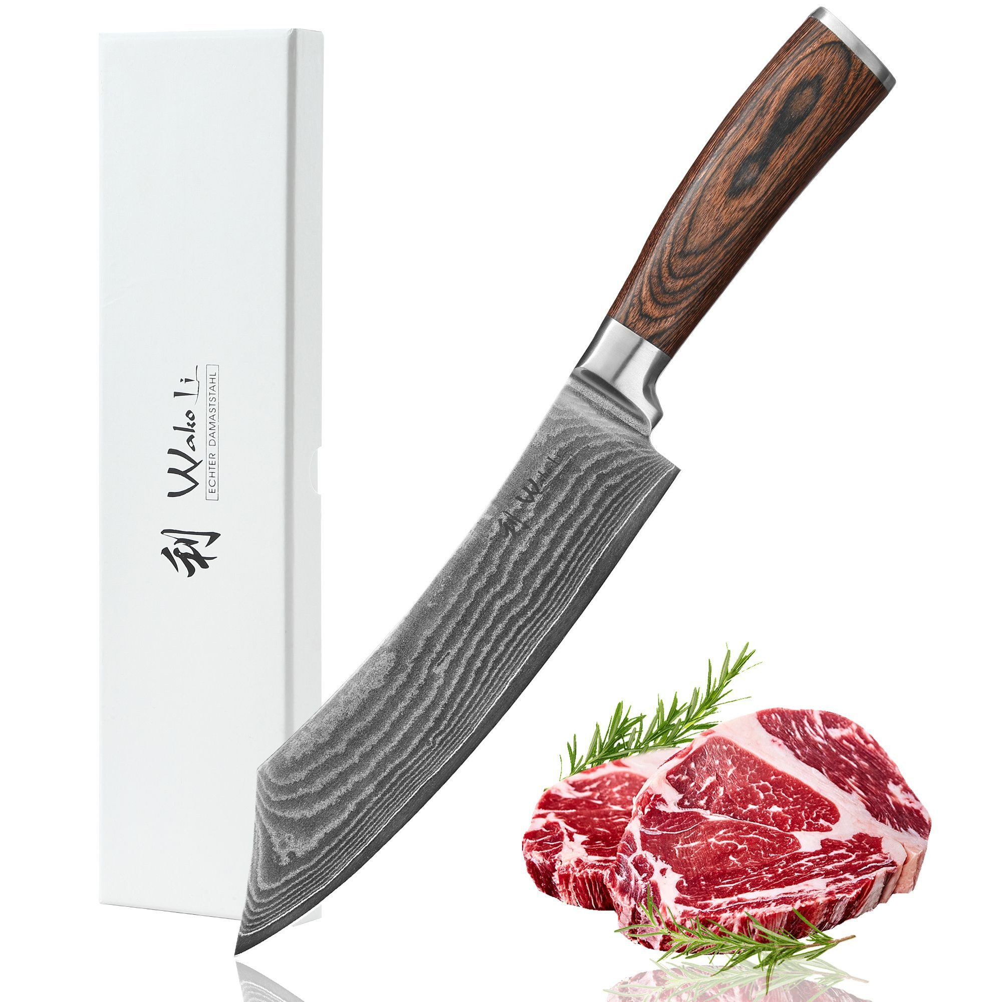 Wakoli Damastmesser Edib BBQ- & Blockmesser Kochmesser 20cm Klinge Pakkaholzgriff, Küchenmesser aus 67 Lagen Damaststahl mit VG10 Kern inkl. Geschenkbox