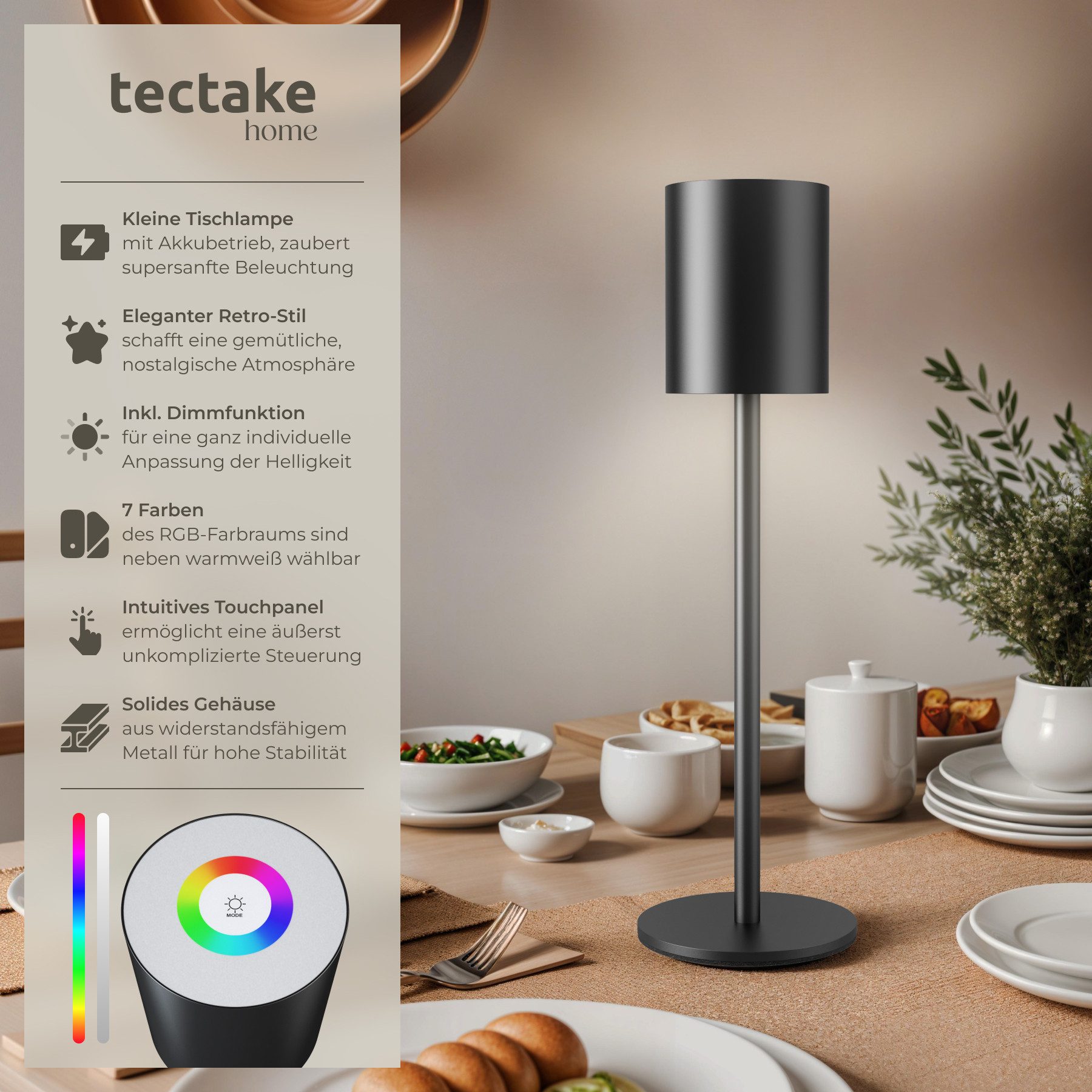 tectake Schreibtischlampe Akku-Tischlampe mit Metallgehäuse, inkl. Ladekabel, 10 x 37 cm, Dimmbar, Warmweiß, Modernes Design, stufenlos dimmbar, 7 RGB-Lichtfarben, Touchpanel