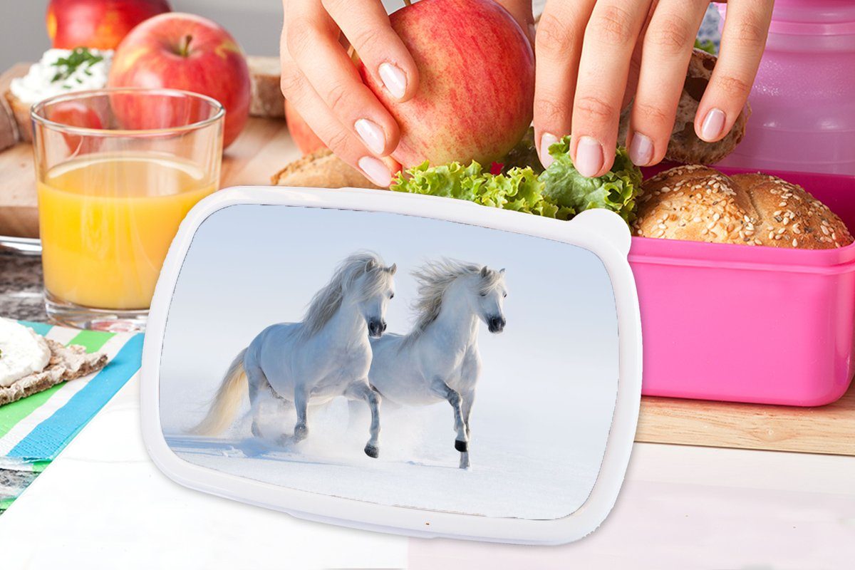MuchoWow Lunchbox Winter - Kunststoff, Schnee, Erwachsene, Snackbox, (2-tlg), Pferde - für Brotdose Kunststoff rosa Kinder, Brotbox Mädchen