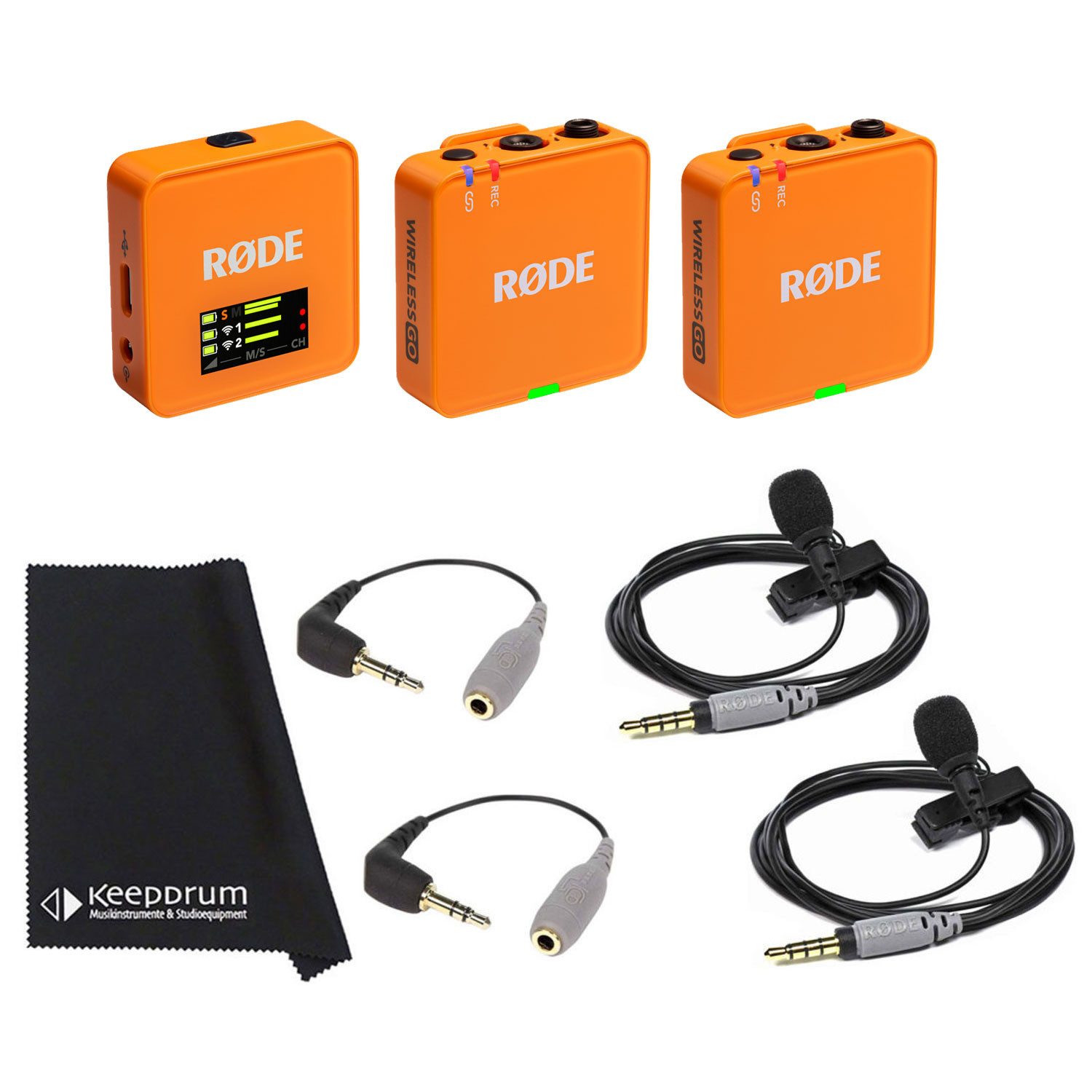 Rode Wireless GO Gen 3 Orange mit 2x Smartlav und 2x SC3 Digitales Aufnahmegerät