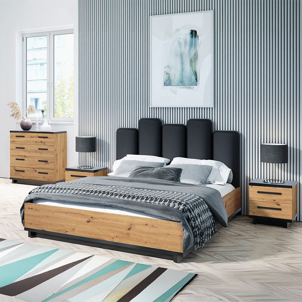 Lomadox Schlafzimmer-Set ISOLA-132, (Spar-Set, 4-tlg., Bettgestell Kommode Nachttische), in Eiche und Schwarz, Liegefläche 160x200 cm