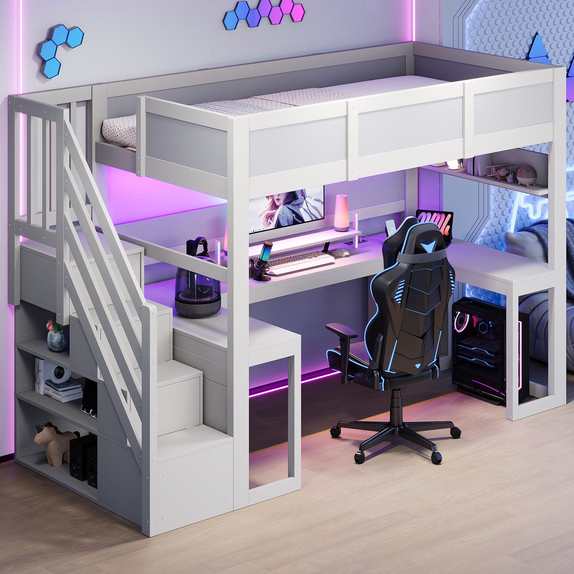 Flieks Hochbett Gamingbett 90x200cm mit Schreibtisch, Stauraumtreppe, LED & Aufladen – Bild 2 von 5