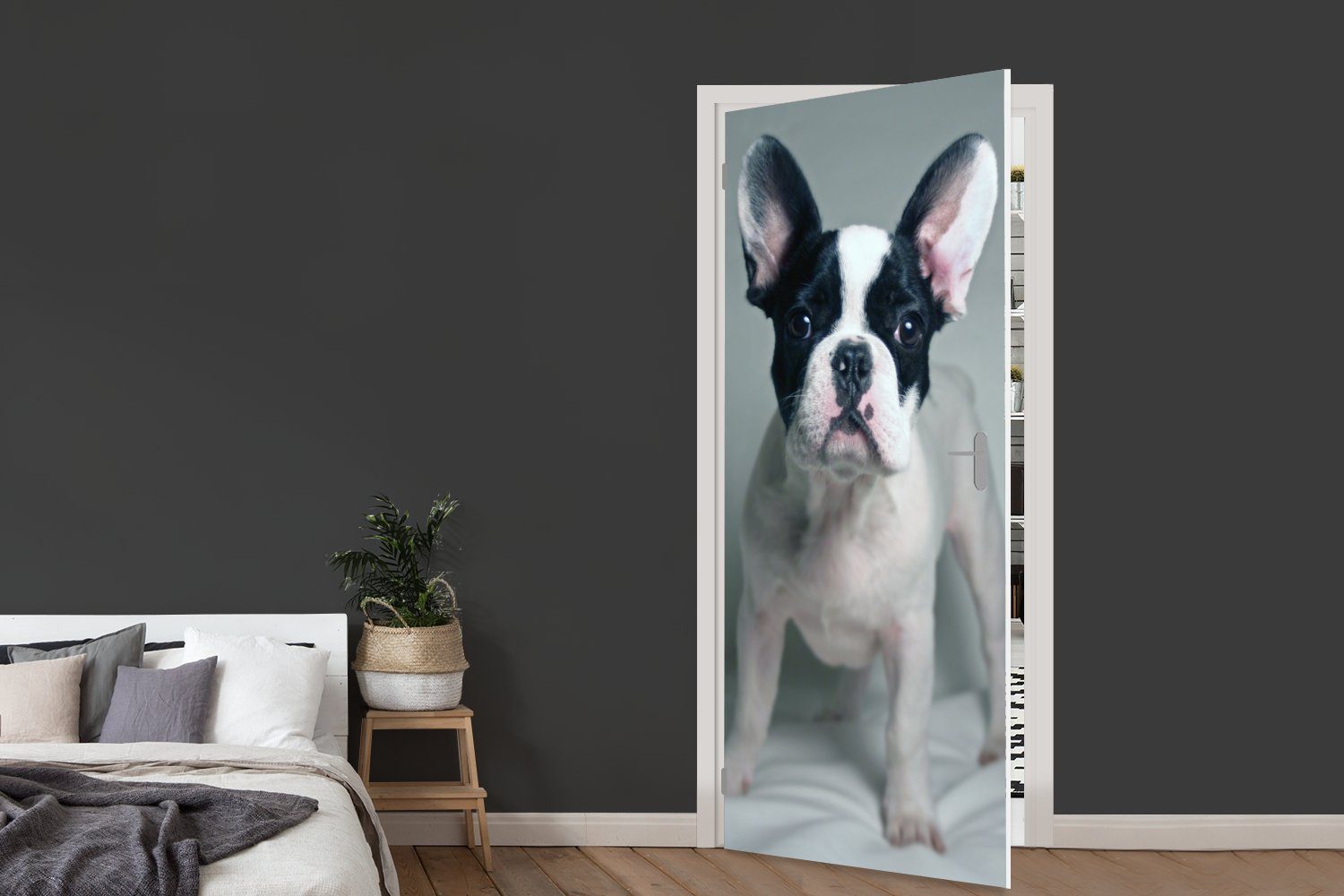 75x205 - Türaufkleber, Türtapete Fototapete Bulldogge Tür, MuchoWow bedruckt, - cm Welpe St), (1 Weiß, für Matt, Französische