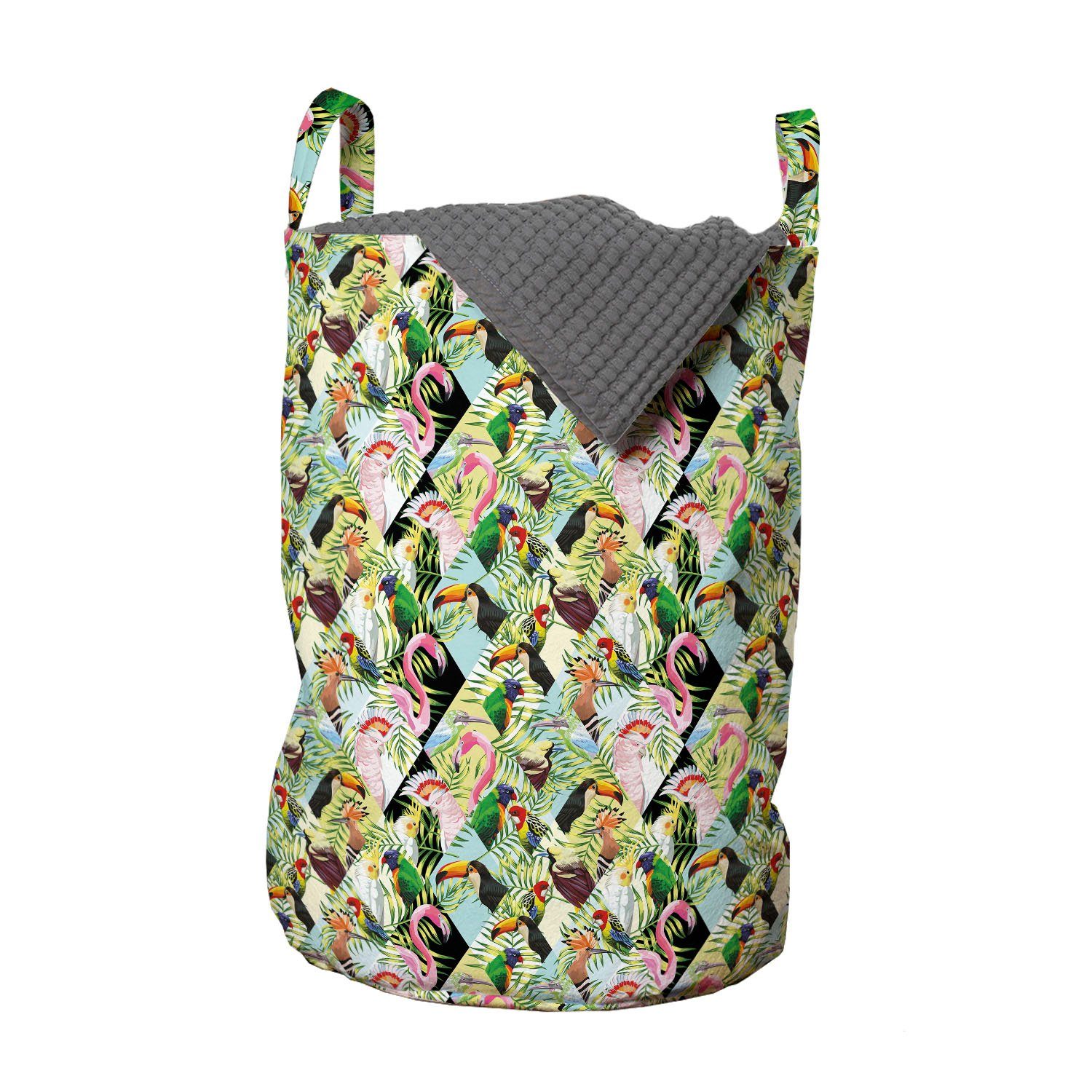 Abakuhaus Wäschesäckchen Wäschekorb mit Griffen Kordelzugverschluss für Waschsalons, Luau Tropische Dschungel Papageien | Wäschesäcke