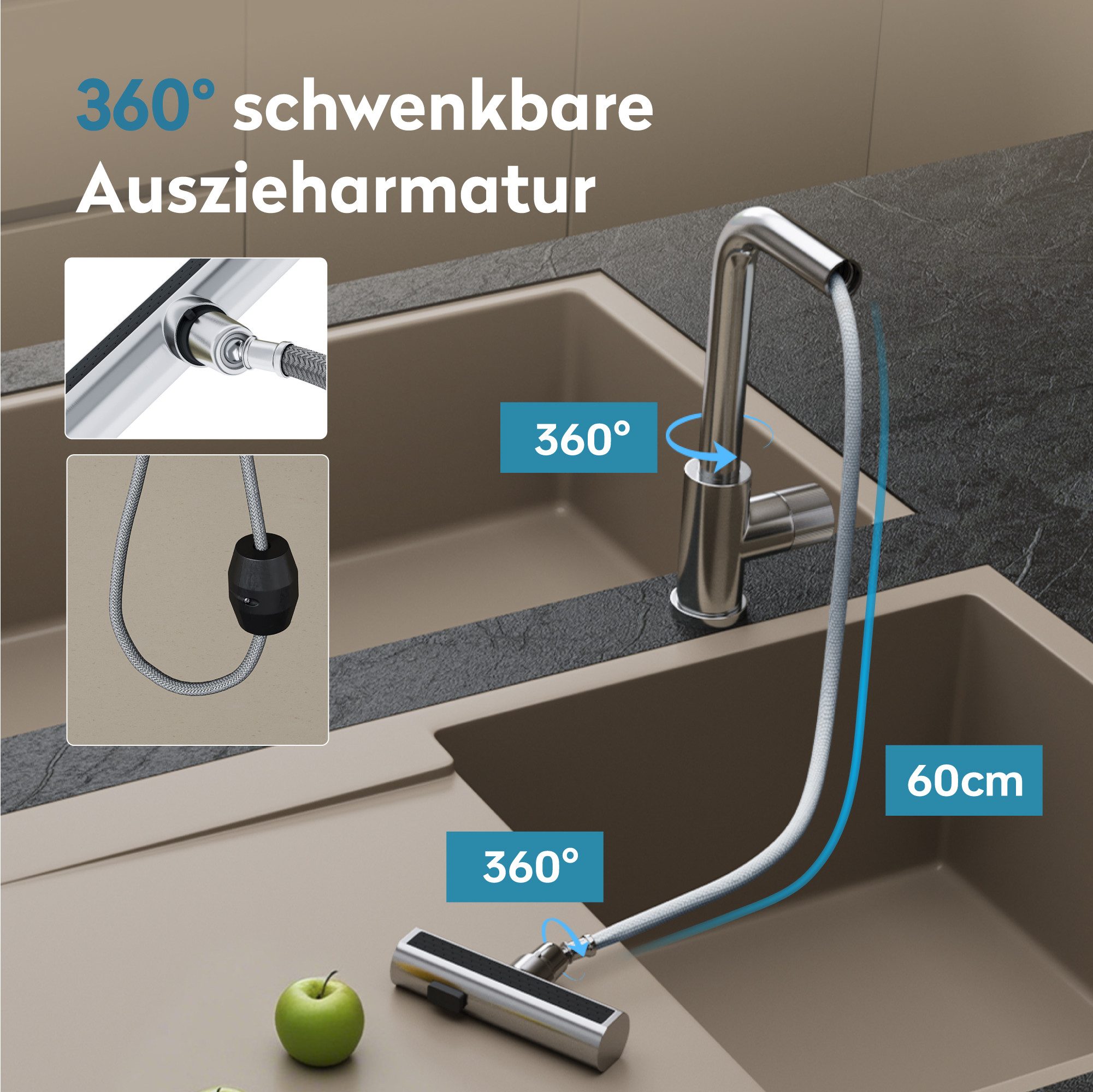 doporro Küchenarmatur Spültischarmatur ausziehbar mit 3 Strahlarten aus Edelstahl Turnix-02 mit Keramikkartusche, 360° schwenkbar