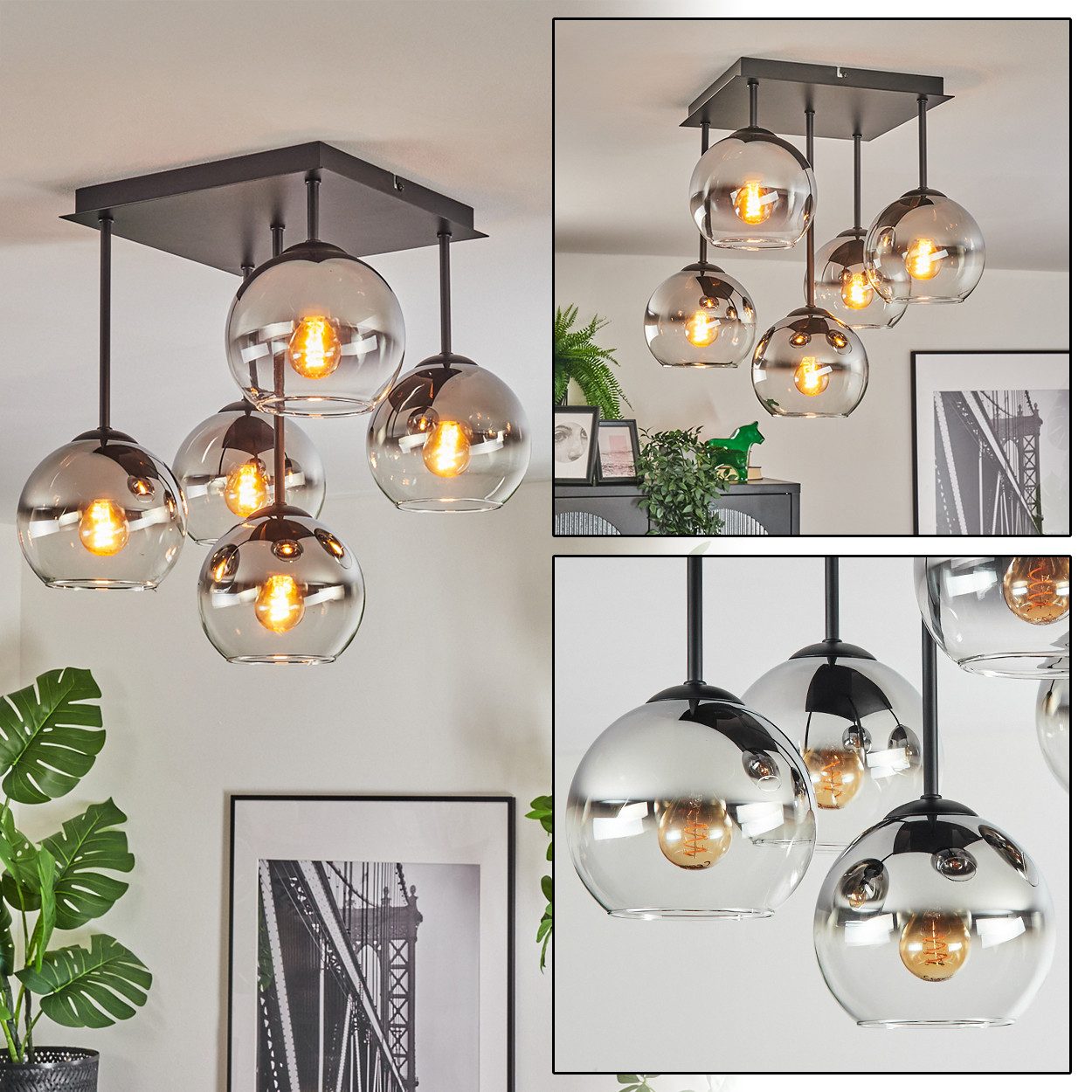 hofstein Deckenleuchte Deckenlampe aus Metall/Glas in Schwarz/Chrom-/Rauchfarben/Klar, Deckenleuchte im Retro/Vintage-Design (Schirm Ø 15 cm), 5 x E14