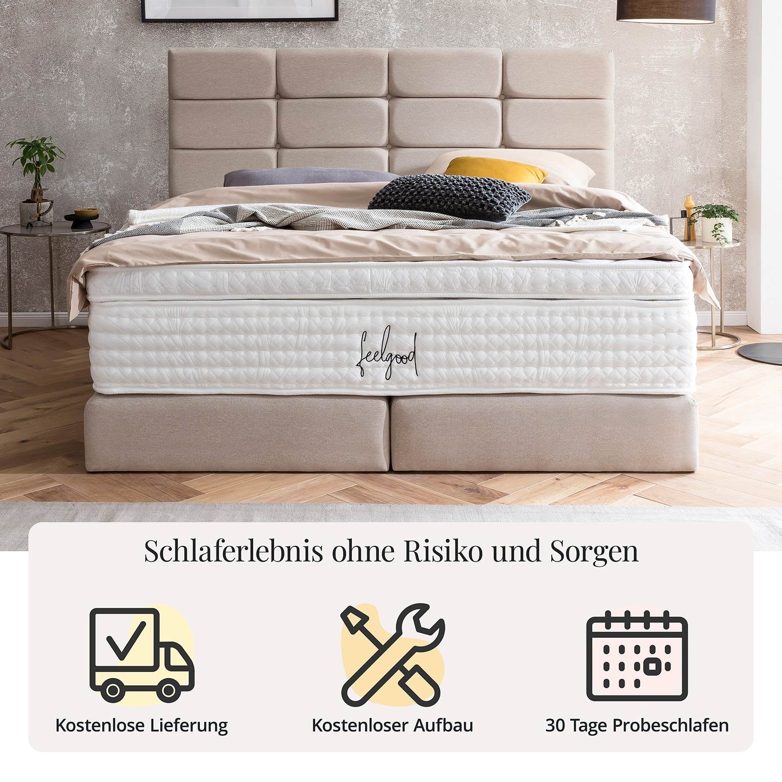 BettCo Boxspringbett Kansas (in Beige 140 x + 200 Kachel-Design Webstoff, Topper, cm), Gleiterfüße optionaler