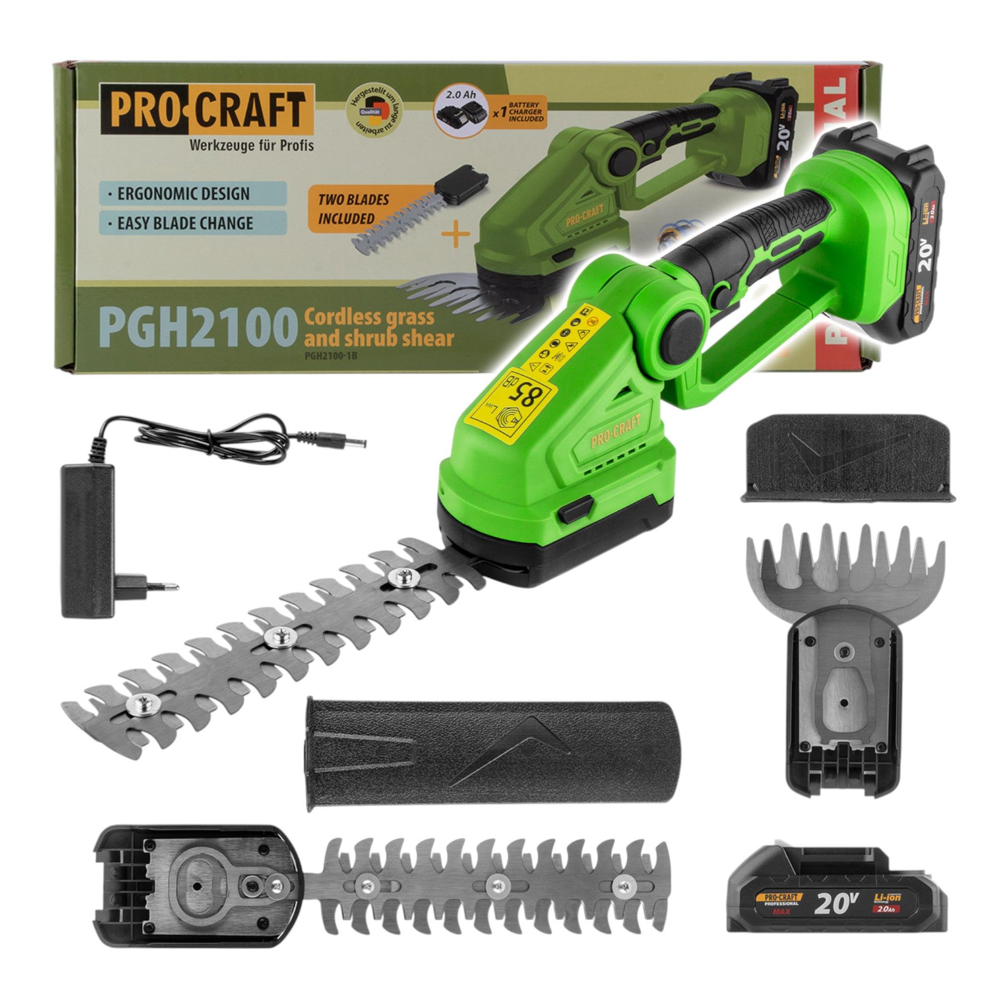 PRO CRAFT Akku-Grasschere PGH2100 Akku Gras und Strauchschere 20 V + 1x Akku 2,0 Ah + Ladegerät