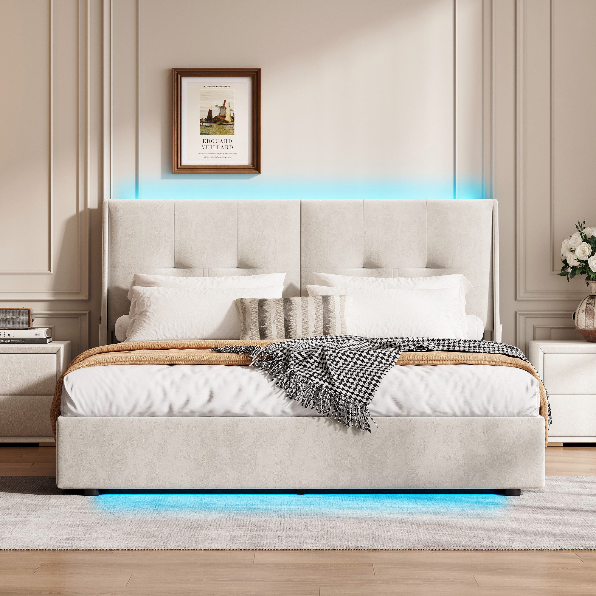 ADWOLT Polsterbett Doppelbett Stauraumbett mit LED-Licht (Bettgestell, 1-tlg., Mit Kopfteil und Lattenrost), 140x200 cm,Kopfteil mit Seitentaschen zur Aufbewahr – Bild 5 von 5