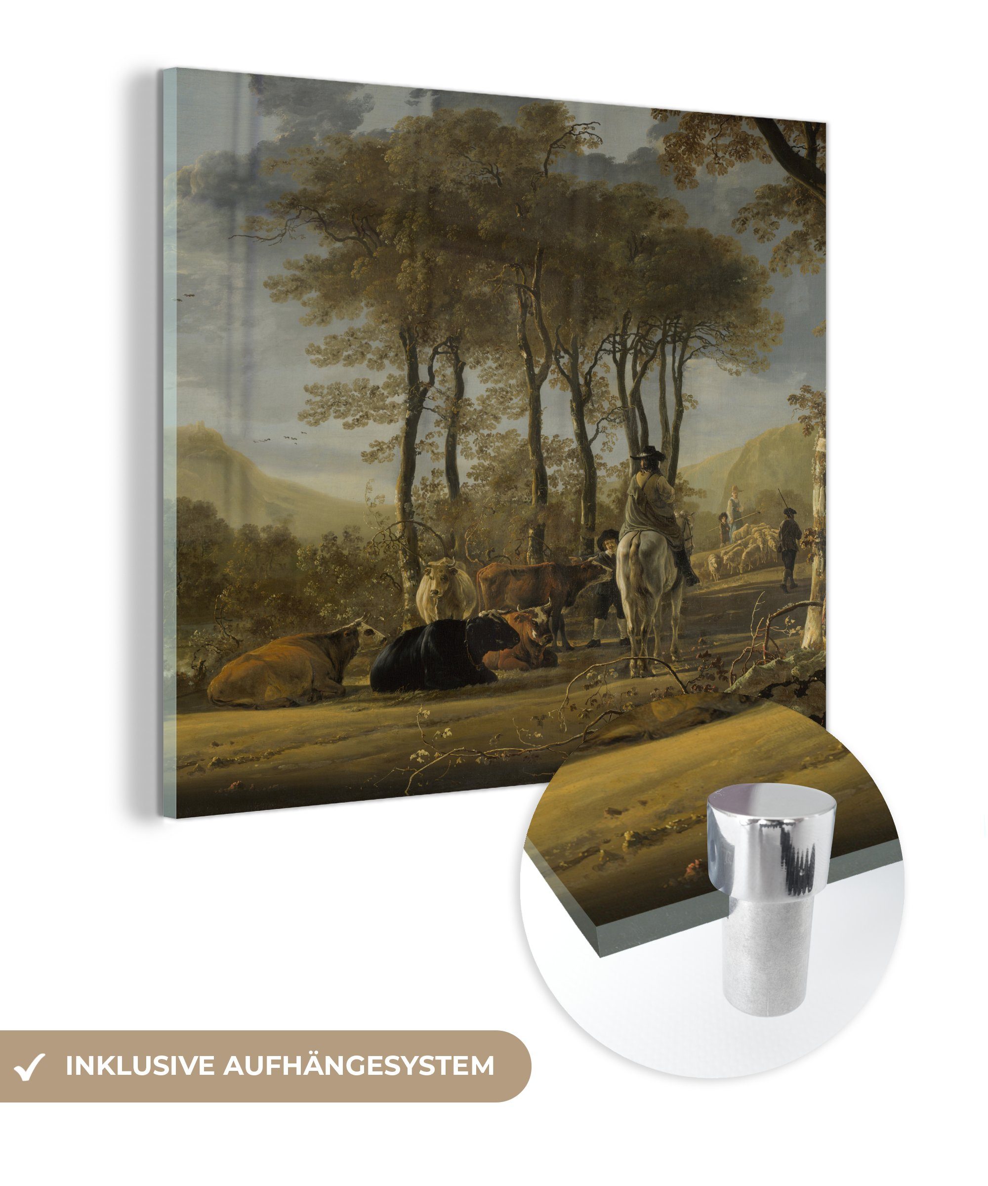 MuchoWow Acrylglasbild Flusslandschaft mit Reitern und Bauern - Aelbert Cuyp, (1 St), Glasbilder - Bilder auf Glas Wandbild - Foto auf Glas - Wanddekoration