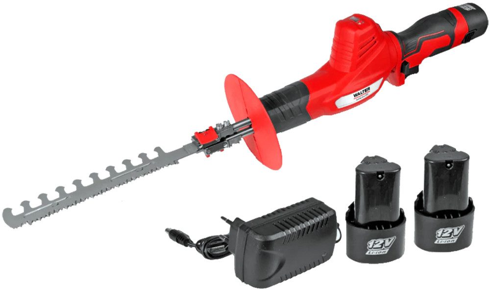 WALTER Akku-Heckenschere 12V Akku Heckenschere Astsäge 2in1 inkl. 2 Akkus (2Ah) und Ladegerät, 2-in-1-Funktion: Als Heckenschere und Säbelsäge nutzbar