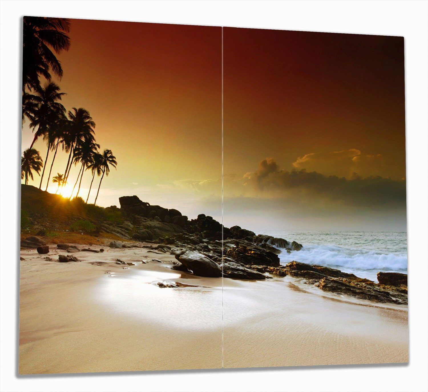 Wallario Herd-Abdeckplatte Sri Lanka - Palmenstrand mit Sonnenuntergang, ESG-Sicherheitsglas, (Glasplatte, 2 tlg., inkl. 5mm Noppen), verschiedene Größen