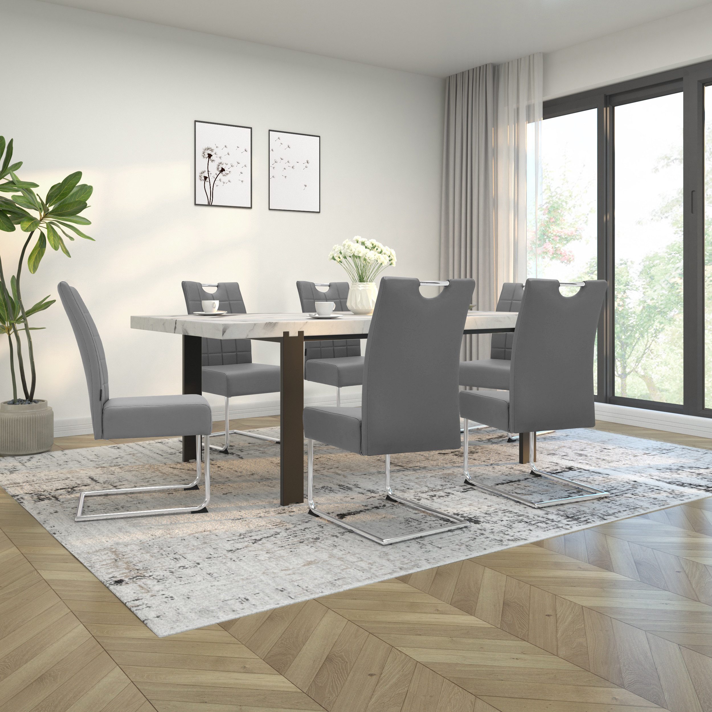 loft24 Esszimmerstuhl Chen (Set, 2 St), Polsterstuhl, Stuhl, Freischwinger, Lederoptik, Chromgestell