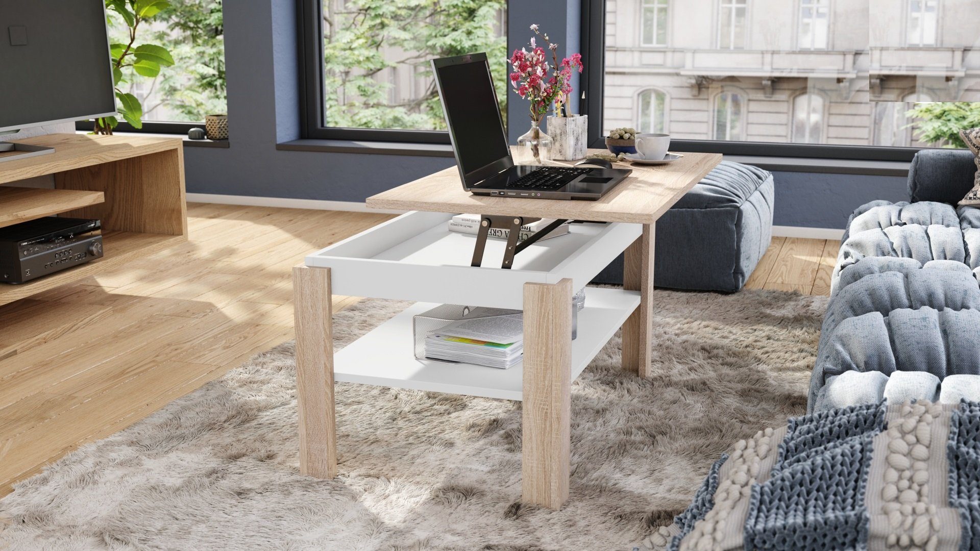 Sonoma Tisch 67cm Eiche matt 55 Couchtisch höhenverstellbar Design designimpex / Weiß Asti-P - Couchtisch Esstisch