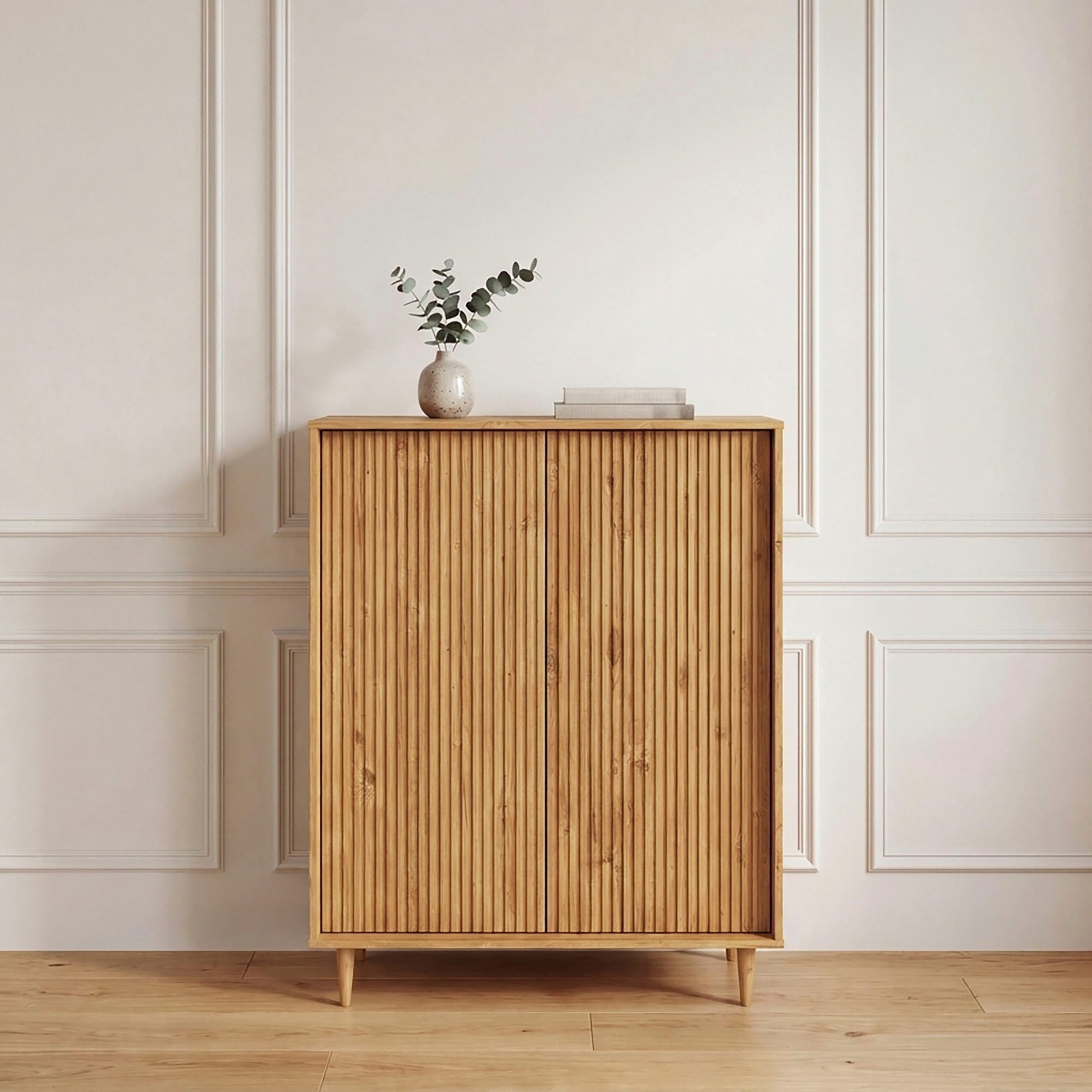 OTTO home Highboard Malmedy Front mit gefrästen Rillen, Kommode Midischrank aus massivem Kiefernholz, Push-to-open, B 100 cm