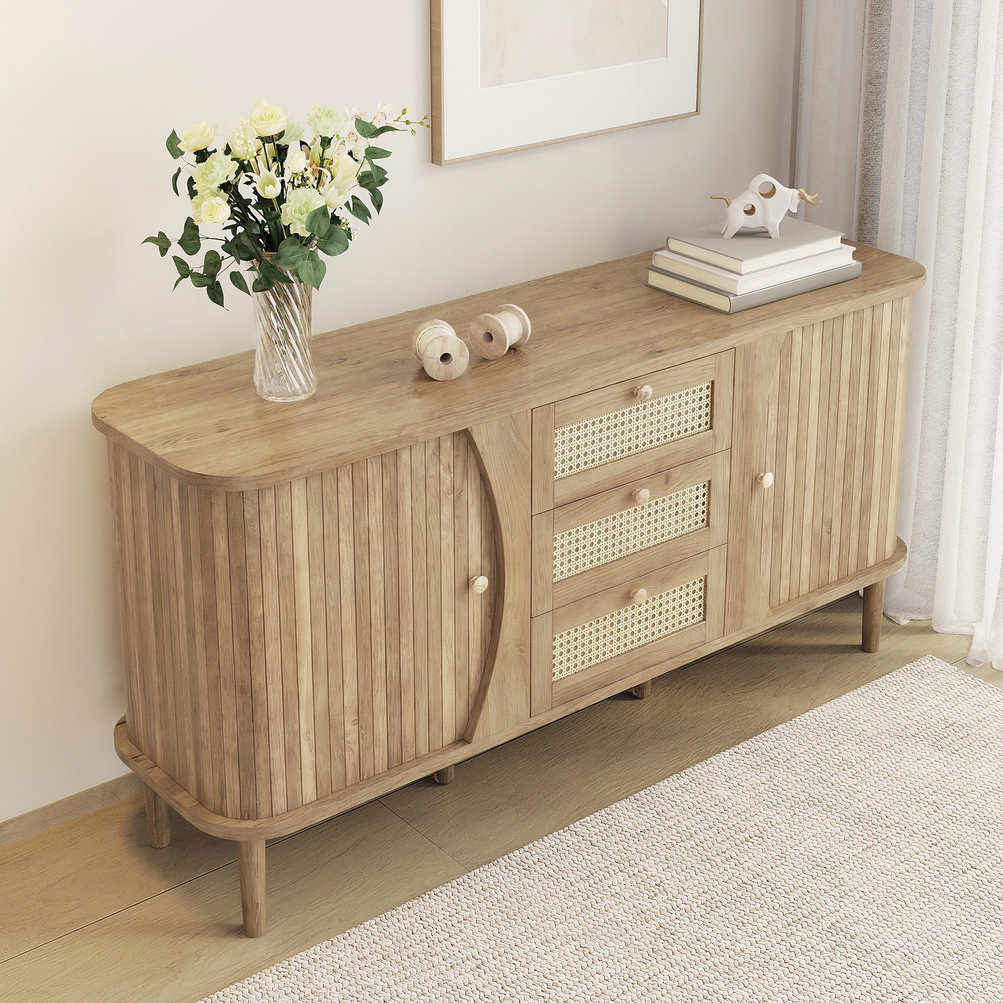 Merax Sideboard in Holzoptik mit Rattanschubladen (Anrichte Buffetschrank 140,5x40x76cm, 1 St., für Wohnzimmer, Esszimmer und Flur), Kommode mit Schiebetüren, abgerundeter Platte & großem Stauraum