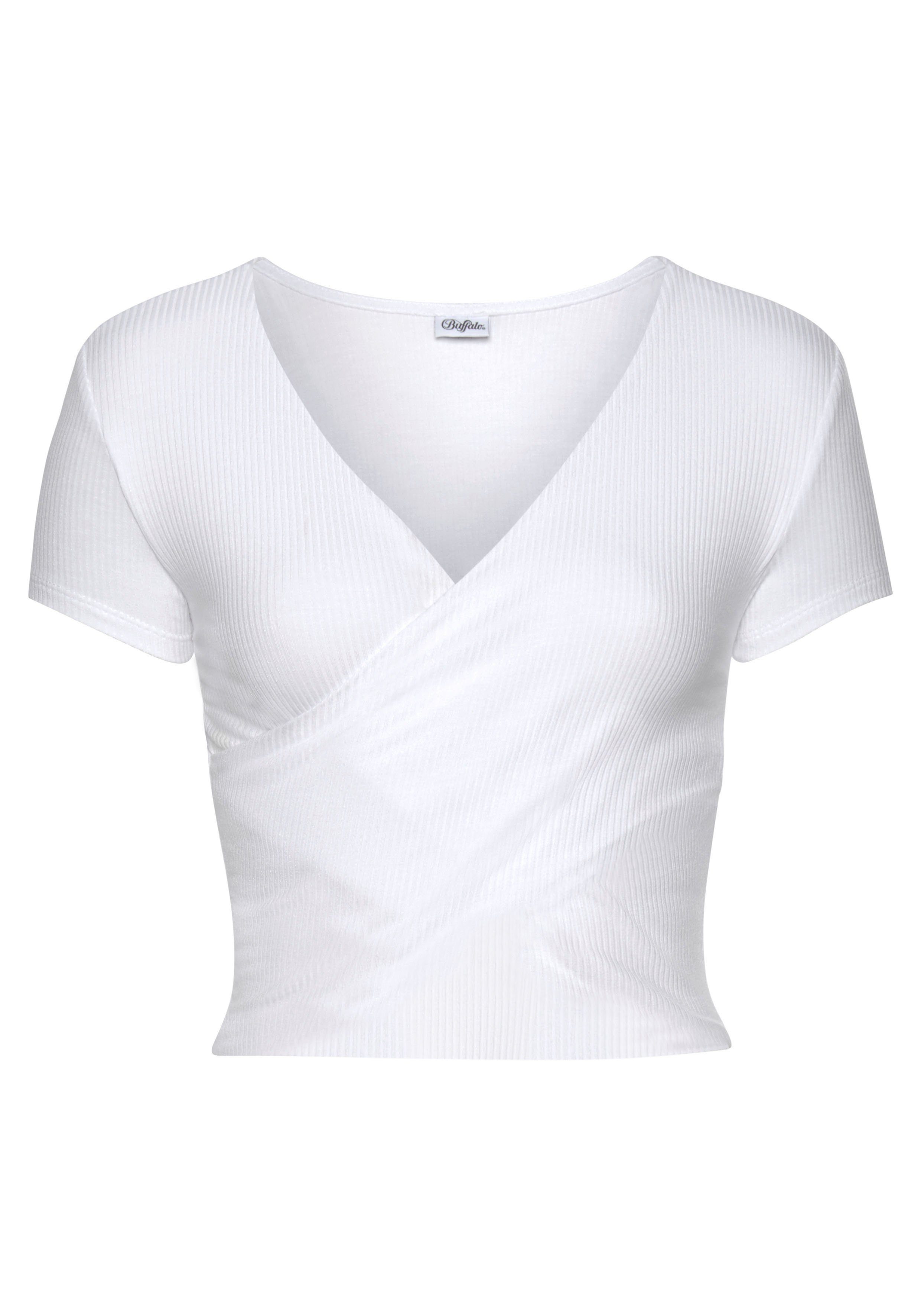 Buffalo Kurzarmshirt mit Wickeloptik und V-Ausschnitt, T-Shirt, figurbetont, Basic – Bild 2 von 5