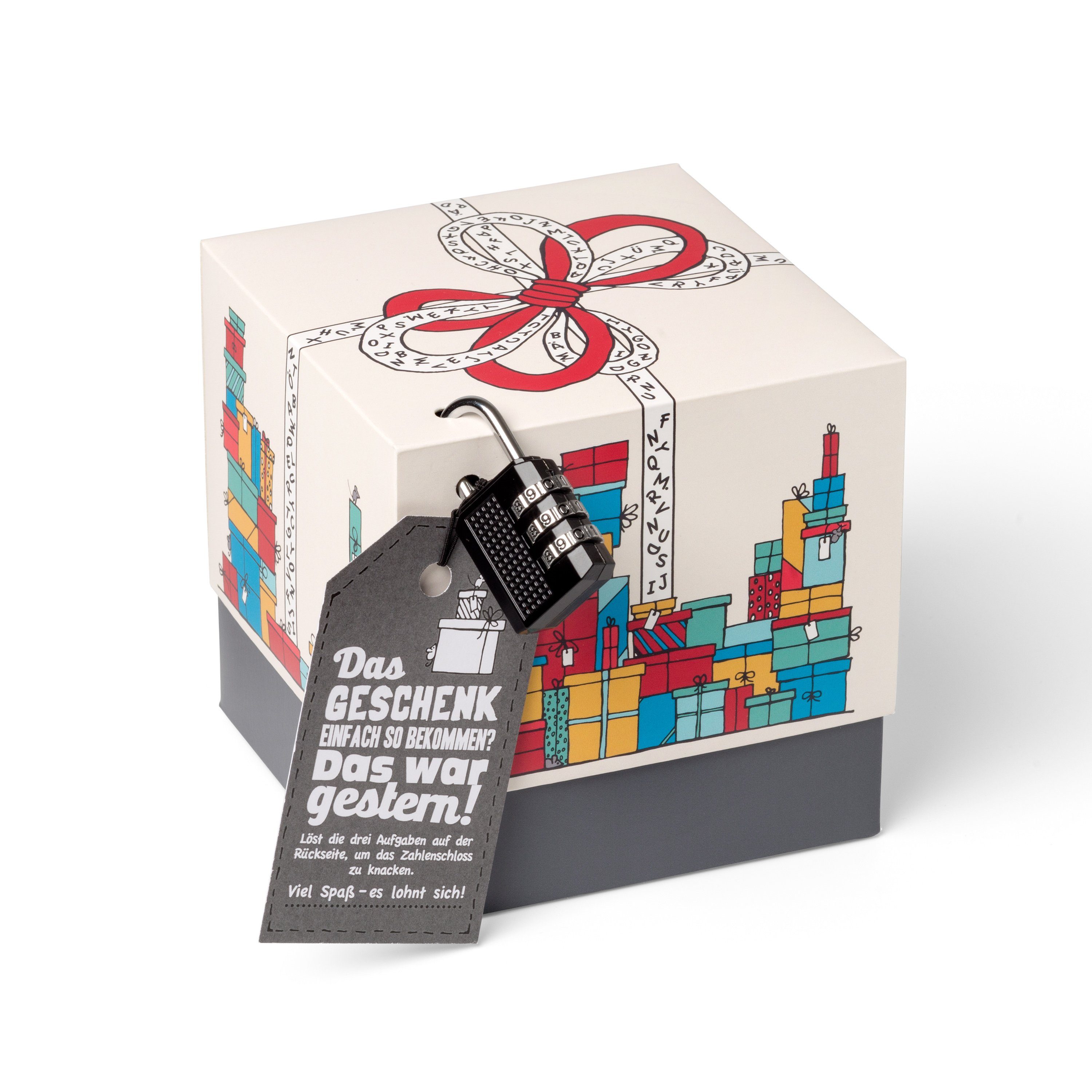 SURPRISA Geschenkbox Rätzel Geschenkbox, Geldgeschenk Verpackung & Gutschein Geschenk Box (inkl. 3-stelligem Zahlenschloss), Geschenkkarton Geschenkrätsel, 12,5 x 12,5 x 12,5 cm, farbig