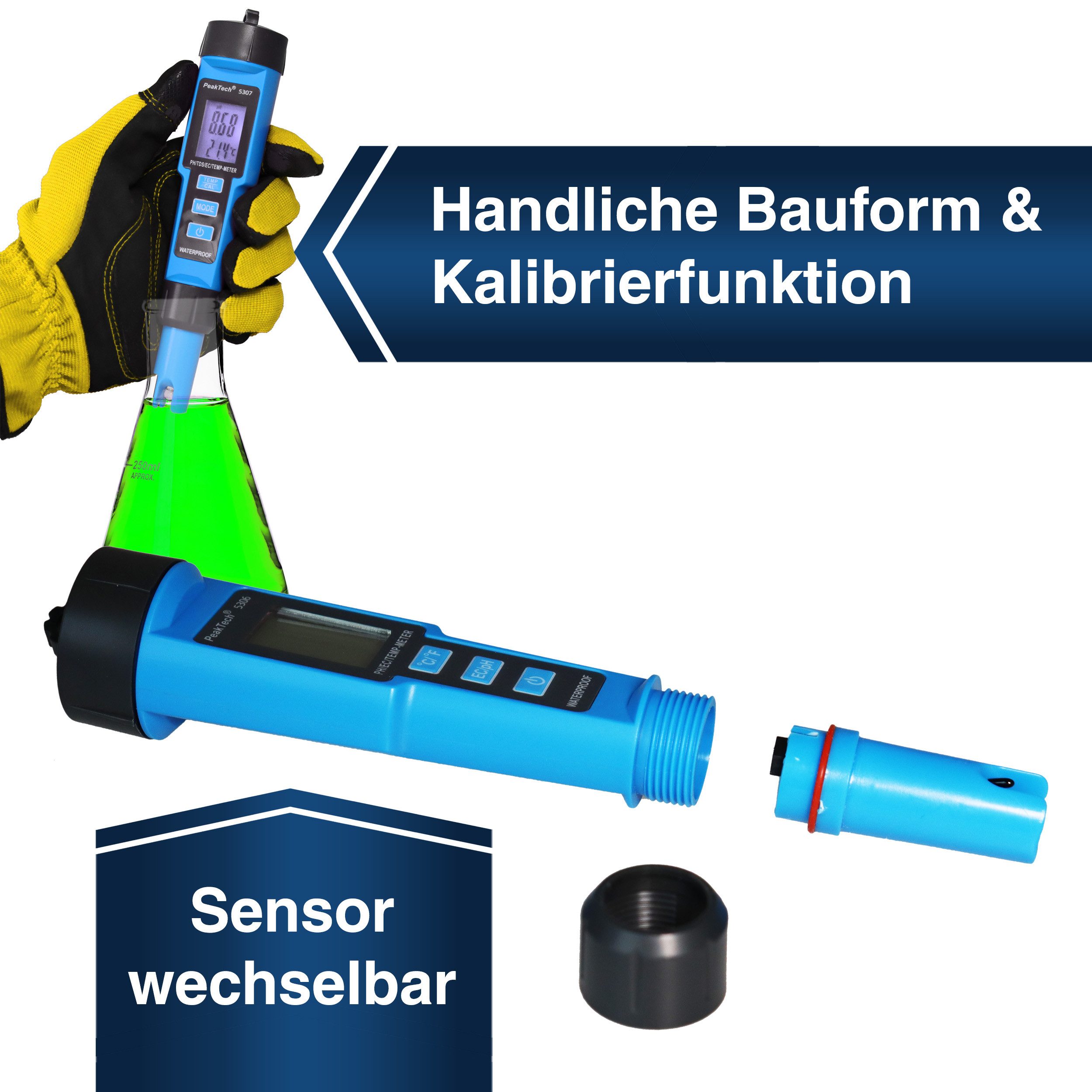 PeakTech Wassersensor 3 in 1 pH-Meter in Stiftform für pH/EC/TEMP