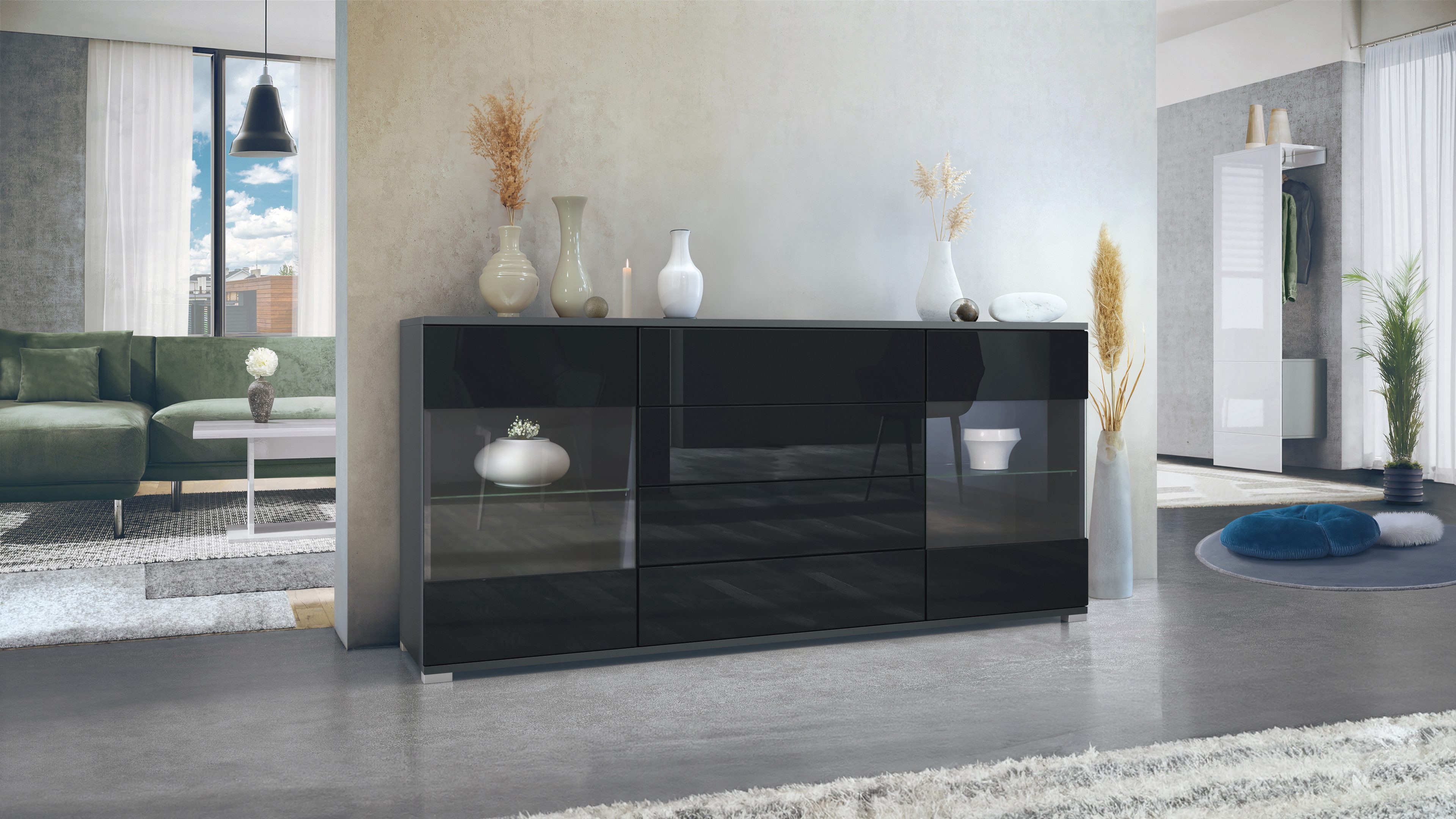 Vladon Sideboard Bari V2 (Kommode mit 2 Türen, 4 Schubladen und 2 flexible Glaseinlegeböden), Anthrazit matt/Schwarz Hochglanz (166,5 x 75,5 x 35)