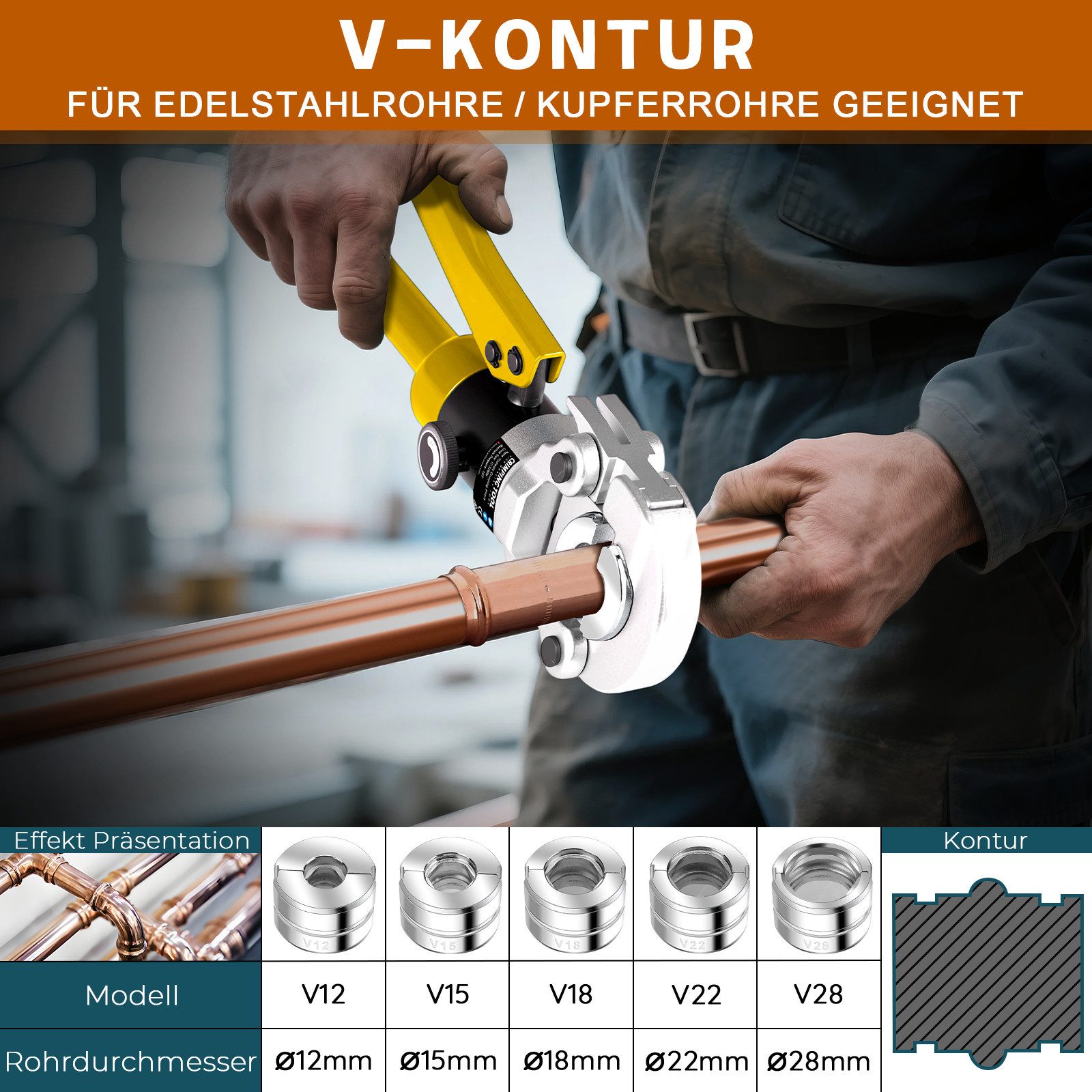 XERSEK Handpresse Hydraulische Presszange V-Kontur TH-Kontur Rohrpresszange Crimpzange, Handpresszange Presswerkzeug V12 V15 V18 V22 V28, & TH16 TH20 TH26 TH32  – Bild 4 von 5