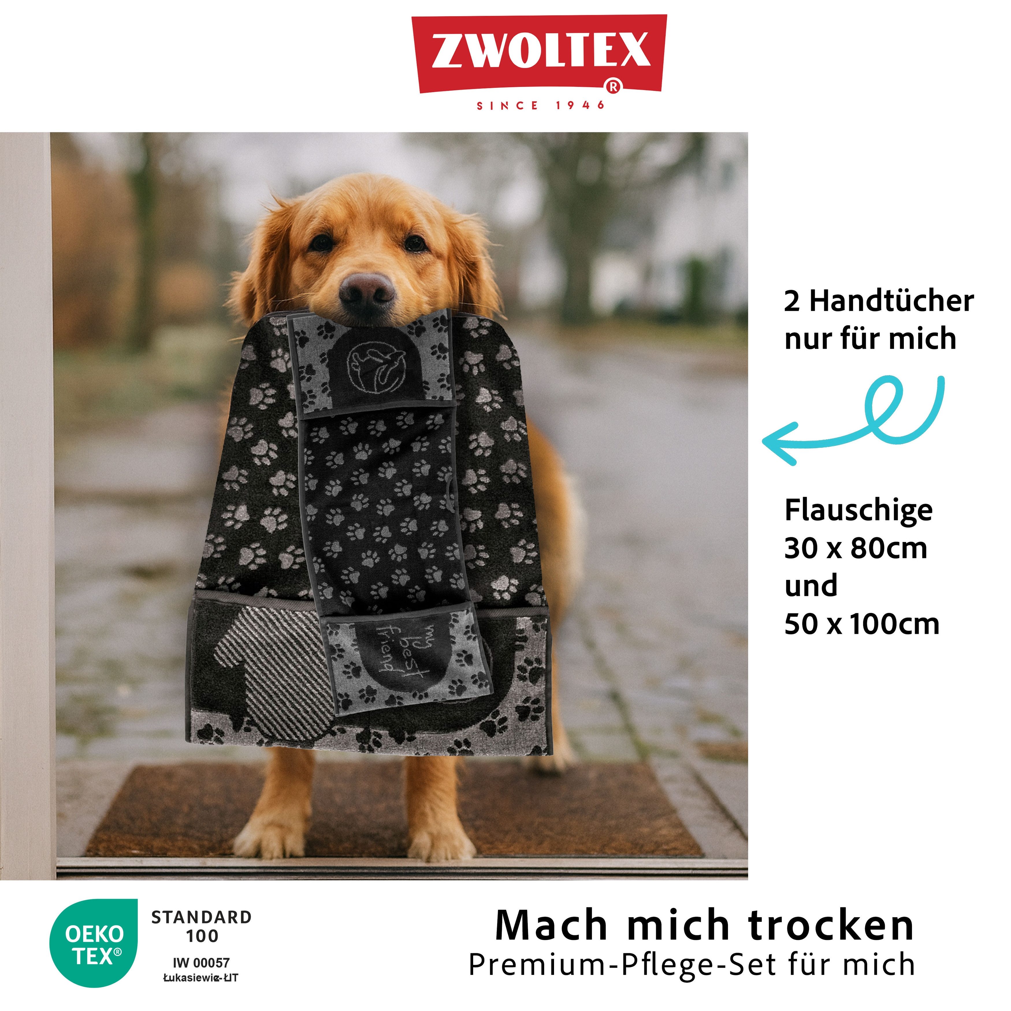 Zwoltex Hundehandtuch Pflegeleichtes Haustier-Abtrockentuch im Set – weich und kochfest, (Baumwoll-Tierhandtuch Set 30×80 + 50×100 Zwei Größen für Alltag), Haustiertuch 95° – saugfähig, hygienisch und angenehm im Gebrauch