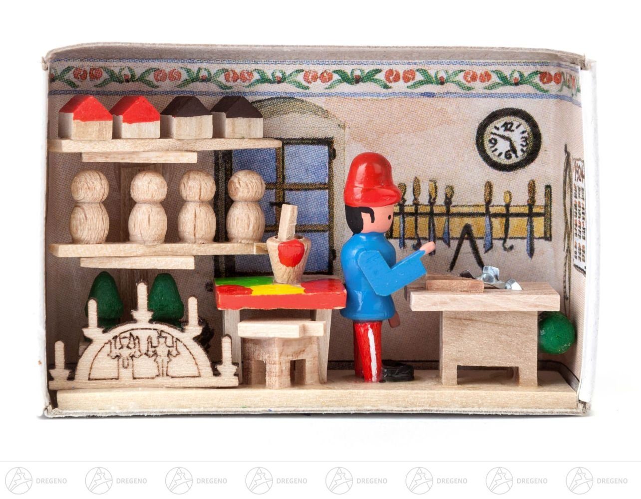 Dregeno Erzgebirge Weihnachtsfigur Miniatur Zündholzschachtel Spielzeugmacher Breite x Höhe ca 5,5 cmx, für Setzkasten