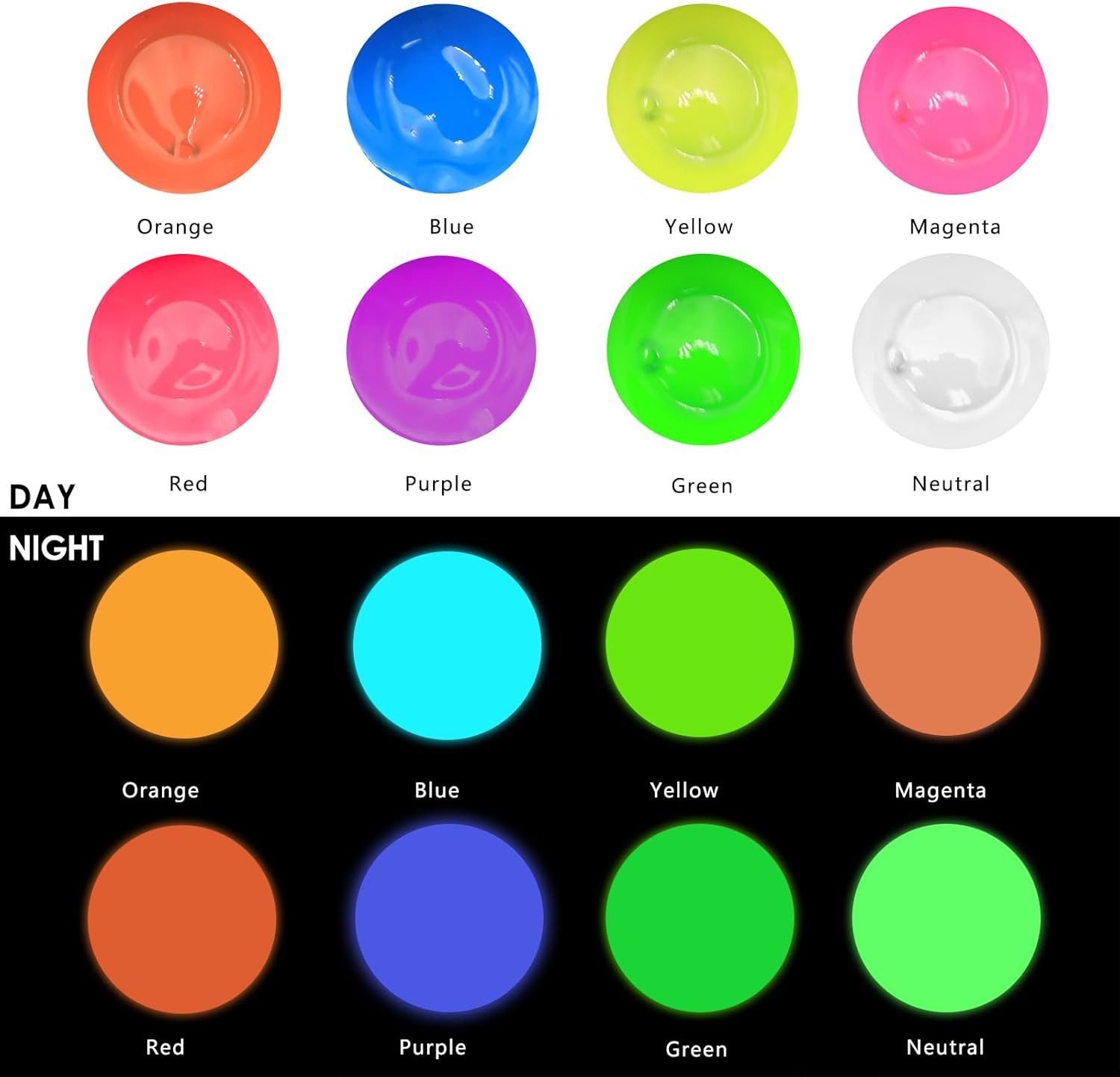 Artecho Acrylfarbe Neon & Glow Farben – 6 x 59 ml / 8 x 20 ml – für Anfänger & Profis, Leuchtende Neonfarben unter Schwarzlicht & dezenter Glow-Effekt