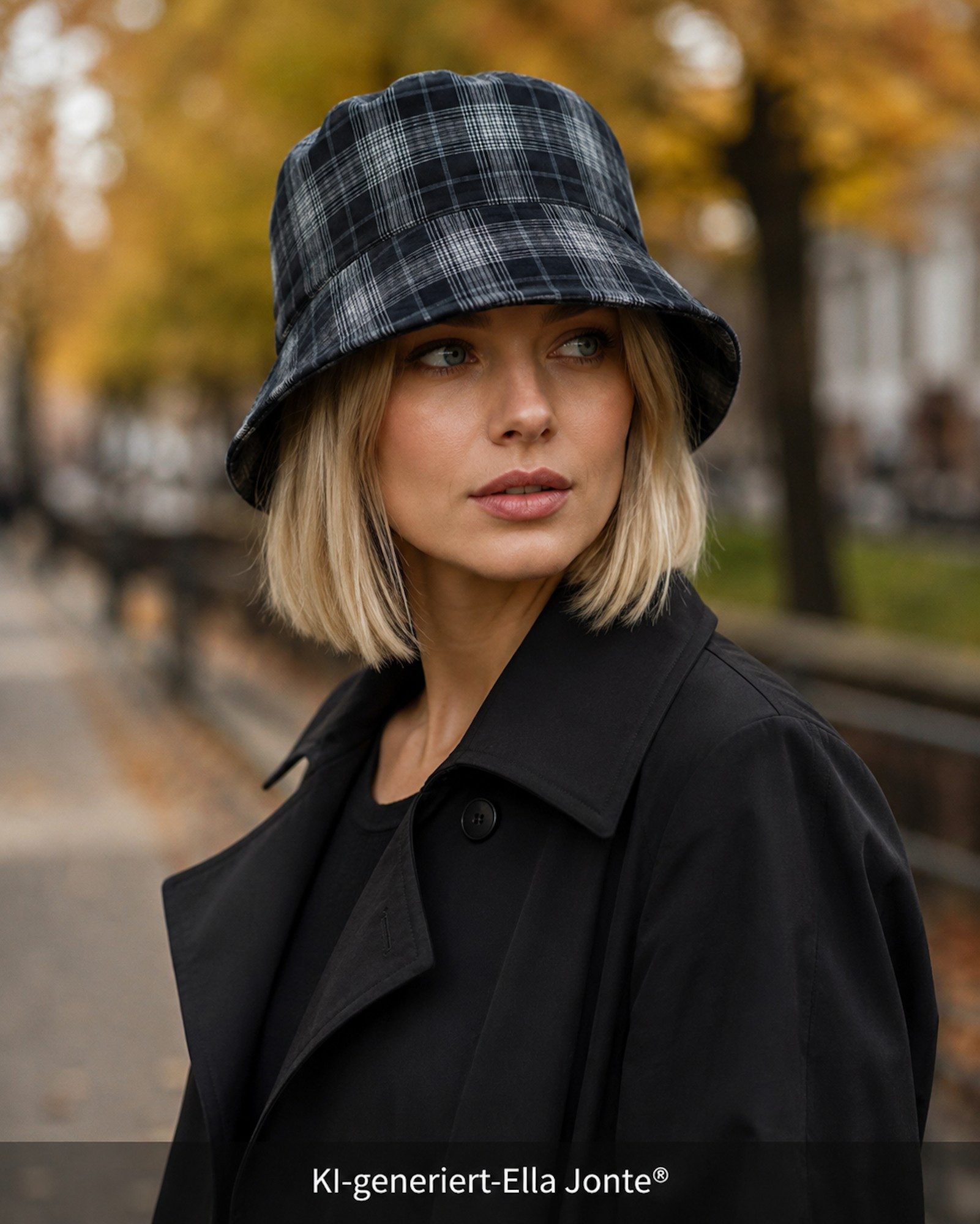 Ella Jonte Fischerhut Wende-Bucket-Hat – Schwarz Grau Kariert – Kopfumfang 56–58 cm