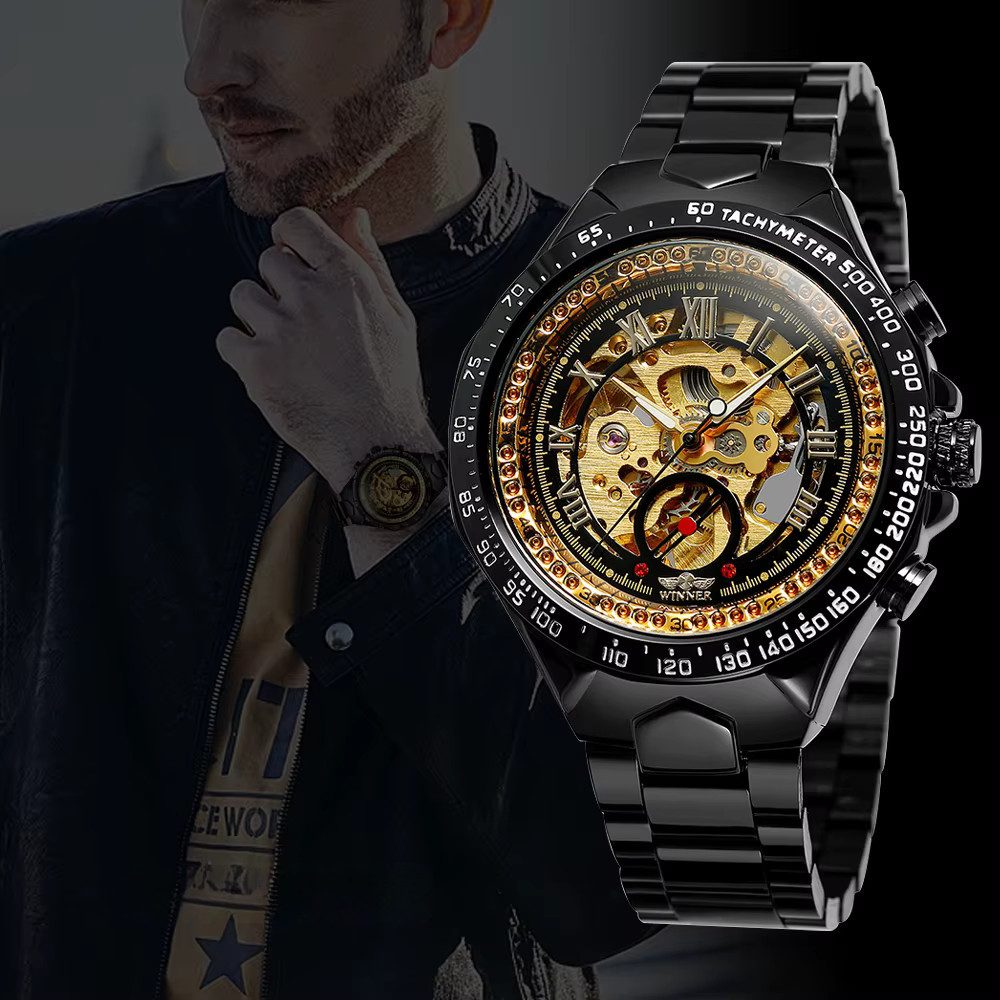 Rötting Design Automatikuhr Herrenuhr Armbanduhr Edelstahl Skelett schwarzes Design, (1-tlg), goldfarbenes Ziffernblatt