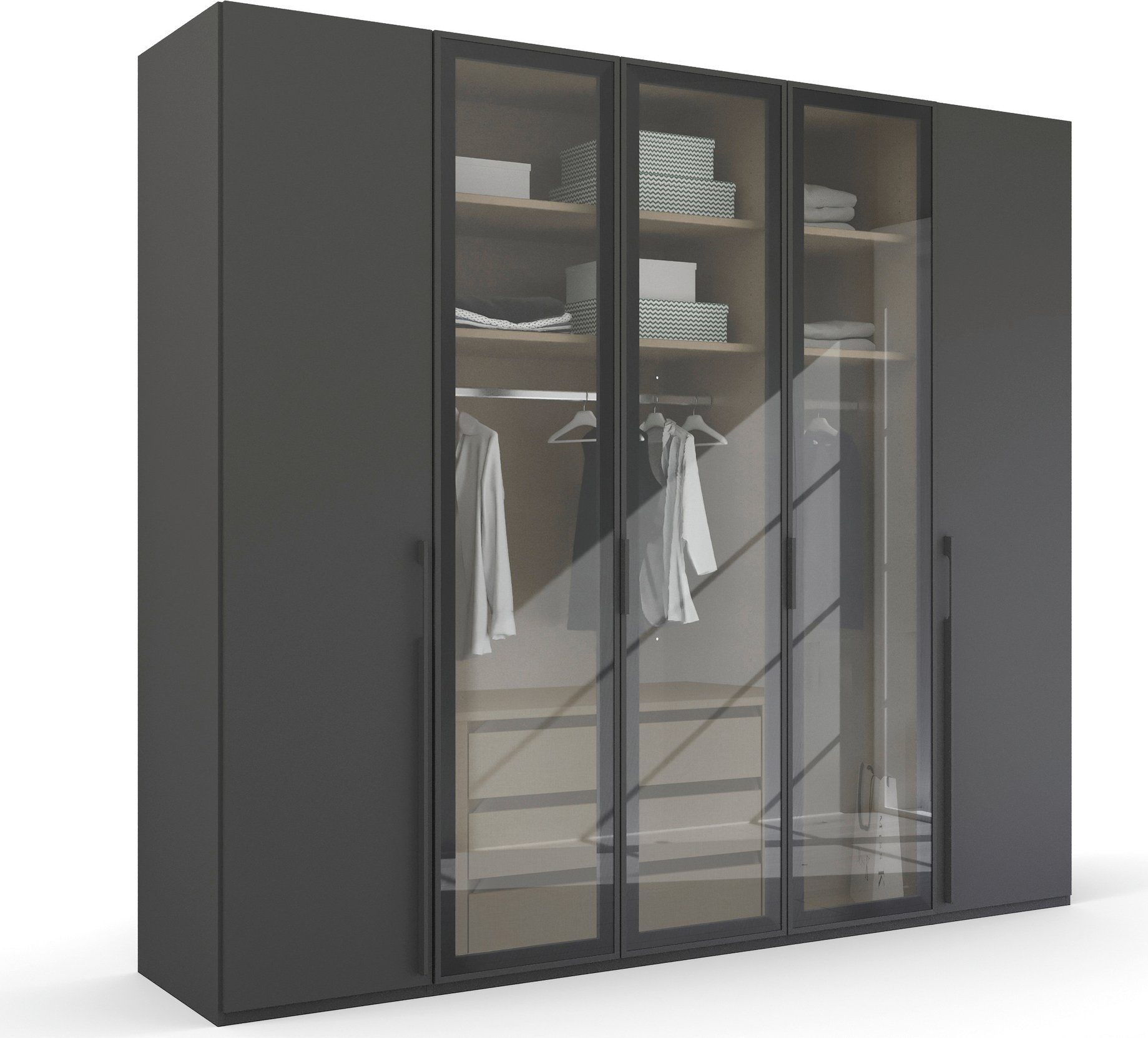 rauch Drehtürenschrank Kleiderschrank Schrank Garderobe SKAT SHINE mit hochwertigem, transparentem Grauglas inkl. umfangreichem Zubehör MADE IN GERMANY