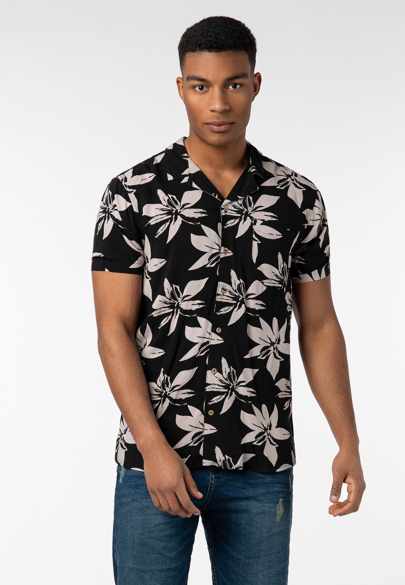 Urban Surface Kurzarmhemd Herren Freizeithemd Allover-Print Tropical Flowers Freizeithemd, Kentkragen, Brusttasche