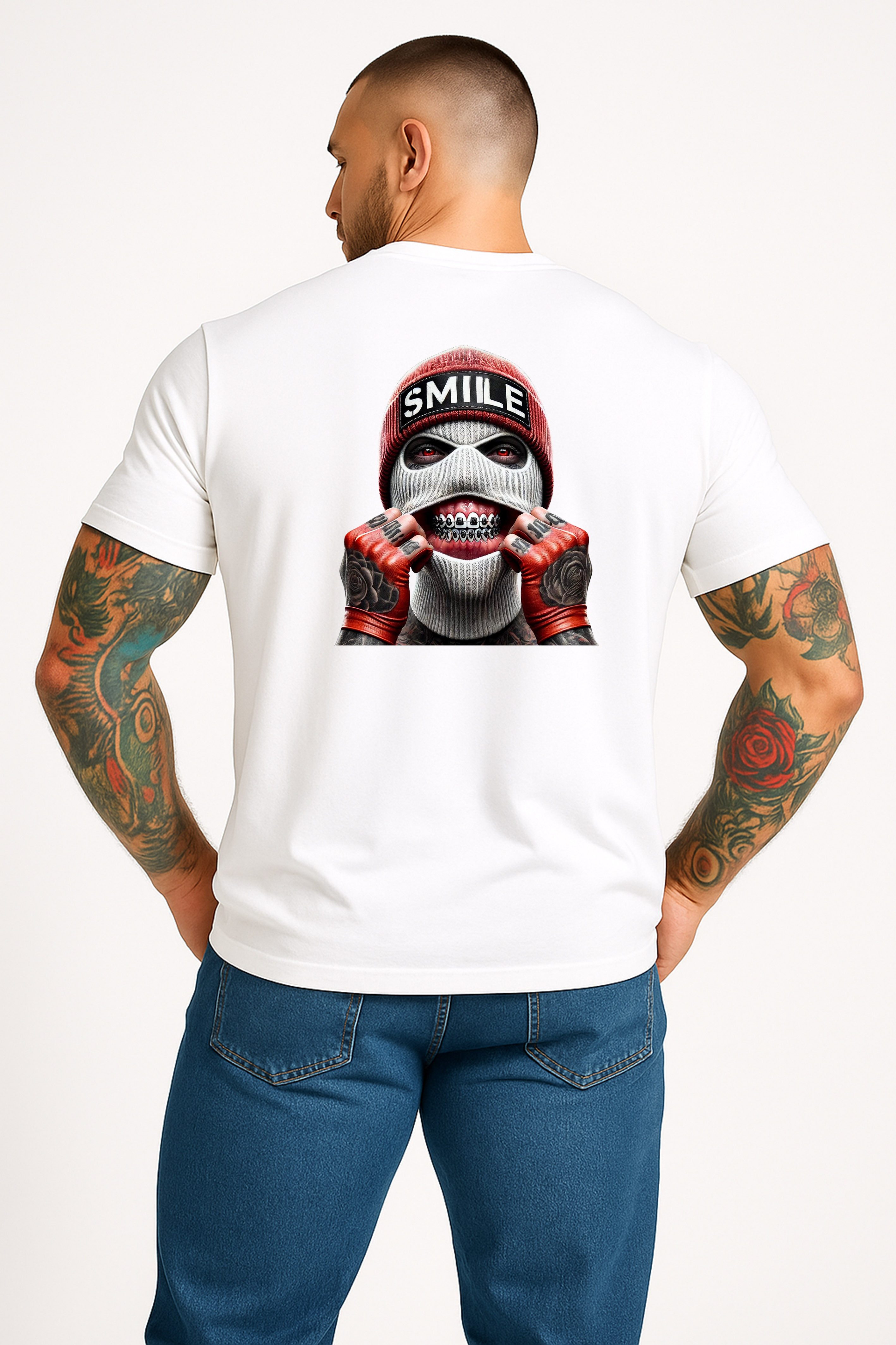Banco T-Shirt Herren mit Smile rote Mütze Motiv - Streetwear Rundhals Kurzarm Sommer Hochwertiger Print, auffälliges Motiv für individuelle Looks