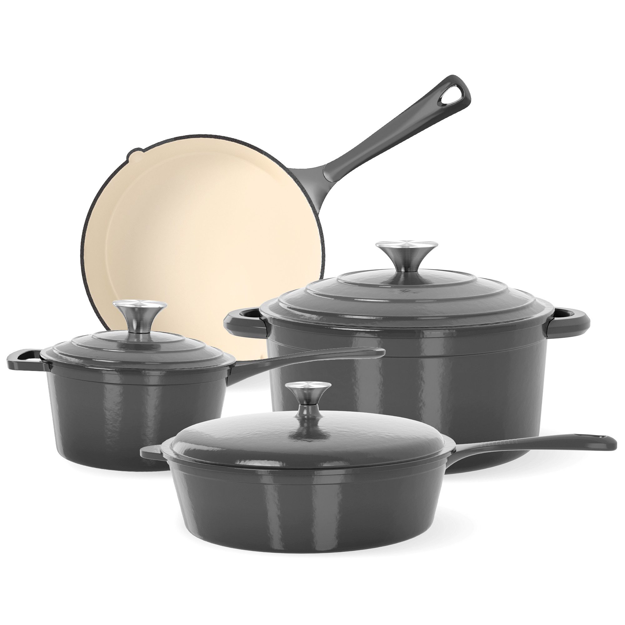 Kitchen Academy Topf-Set, 7-teilig Emailliert Gusseisen Topf und Pfannenset (Für alle Herdarten & Induktion), Optimale Wärmespeicherung, Mühelose & leichte Reinigung
