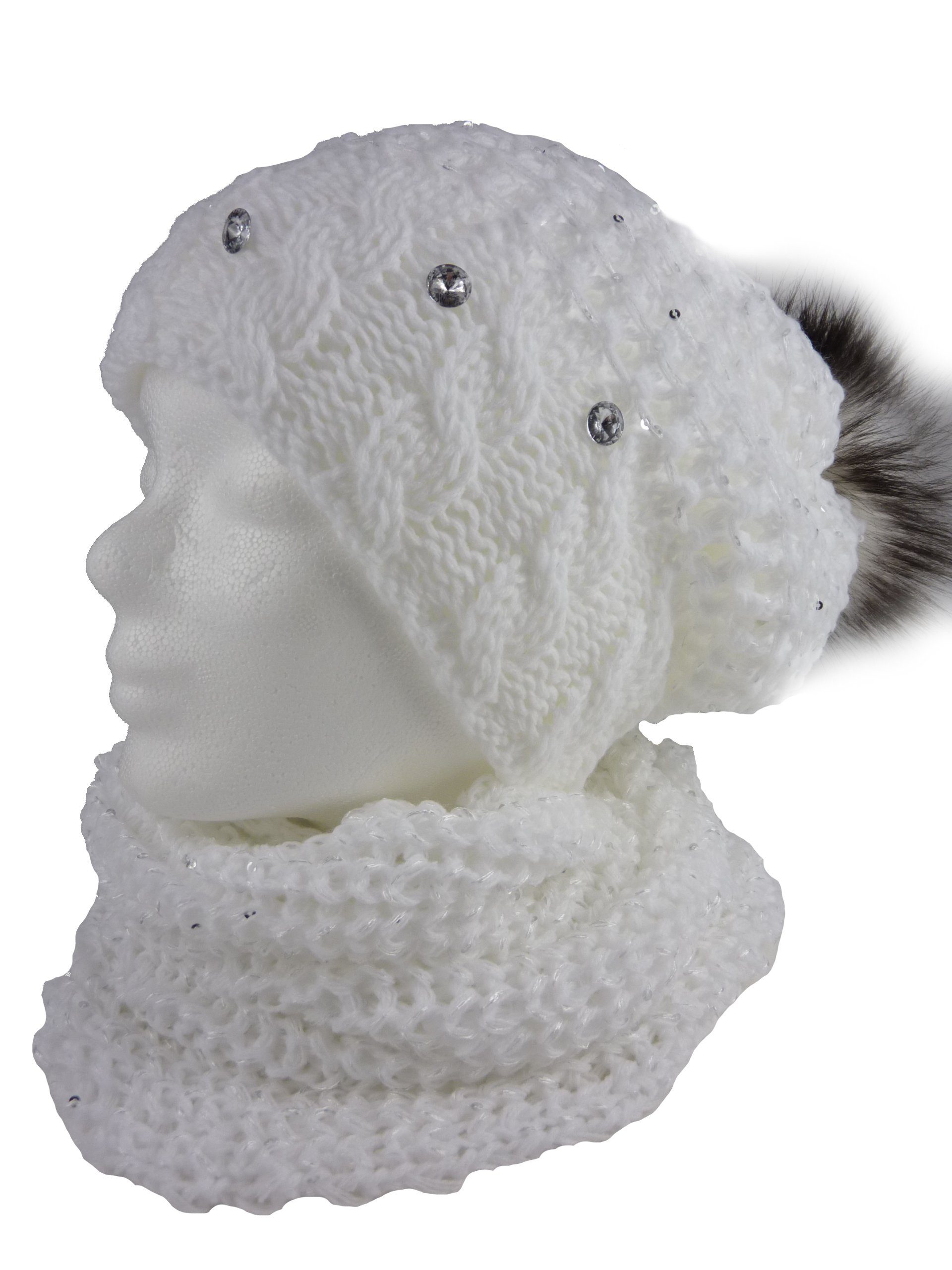 Taschen4life Strickmütze Tammy Damen Mütze & Schal Set (2 teilig, Strickmütze & Strickschal) großer Bommel (Kunstfell), Long-Beanie & Loop, Glitzer Pailletten