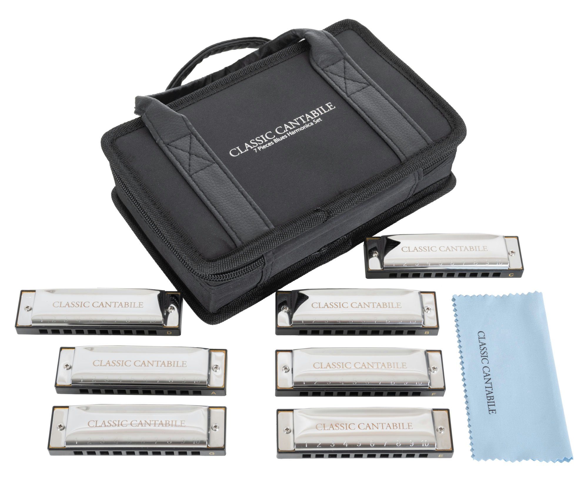 Classic Cantabile Mundharmonika in verschiedenen Stimmungen, 7-St., inkl. Etui & Pflegetuch, Blues Harmonica - 10 Messing Stimmzungen - Edelstahl-Gehäuse