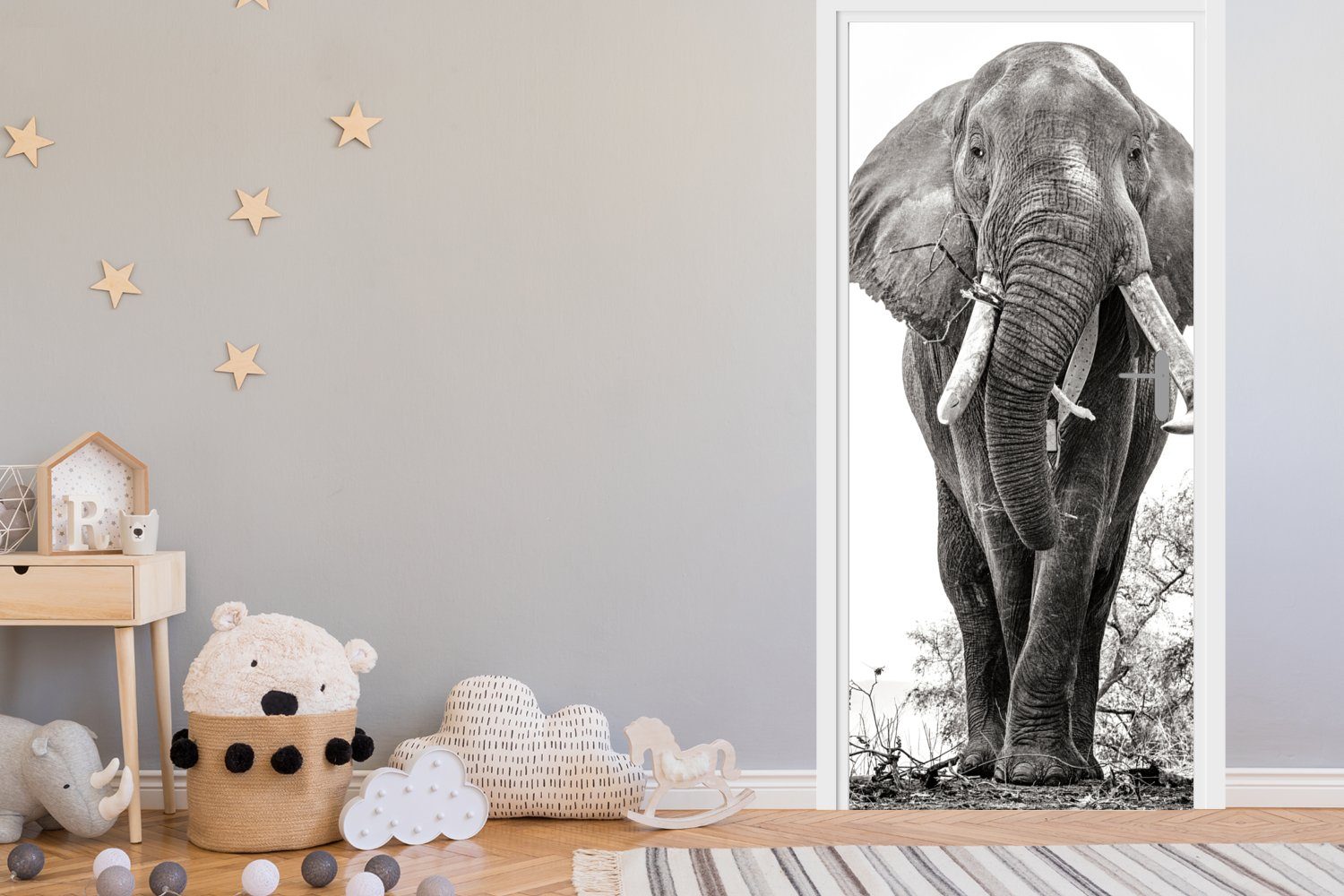 MuchoWow Türtapete Elefant - cm Fototapete Schwarz Türaufkleber, weiß, und - 75x205 für - St), bedruckt, Tür, Matt, Porträt Tiere (1