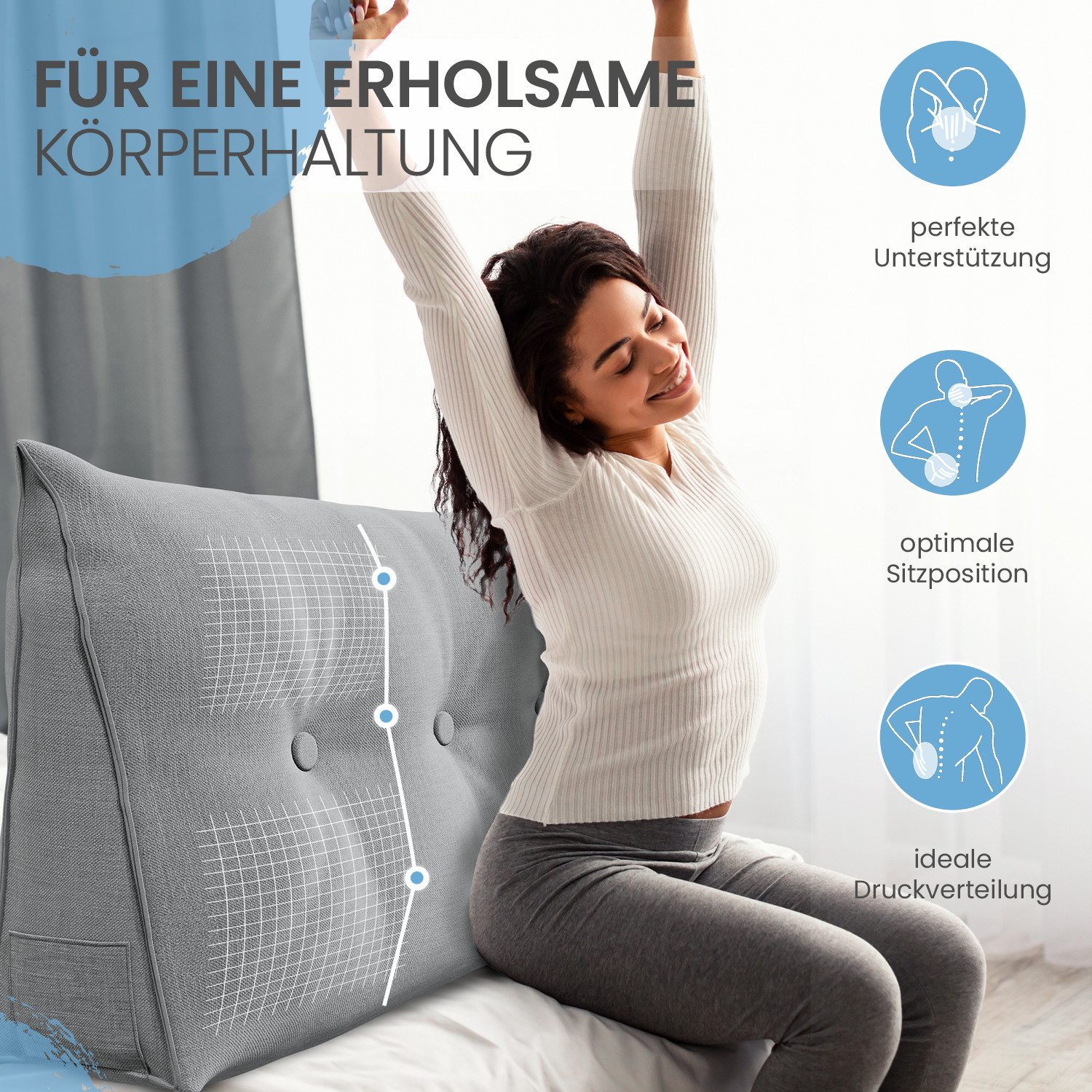 ELONEO Rückenkissen Keilkissen für Bett und Sofa, Lesekissen mit praktischem Seitenfach, 1-tlg., mit praktischem Seitenfach, Lesekissen, mit waschbarem Bezug