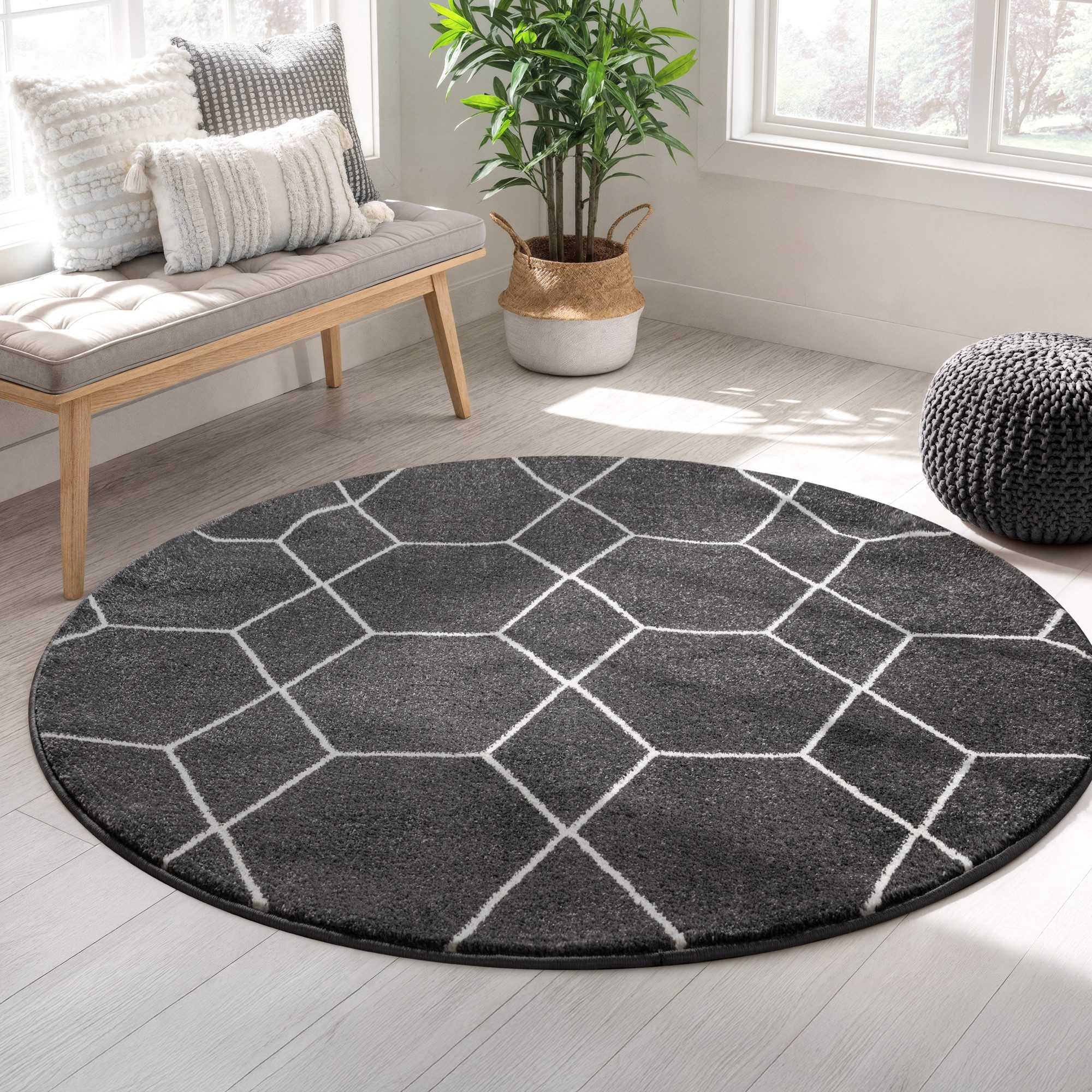 Sanat Teppich Trellis, auch als Läufer und Rund, rund, Höhe: 10 mm, Kurzflor, skandi, boho, große Farbauswahl, alle Räume