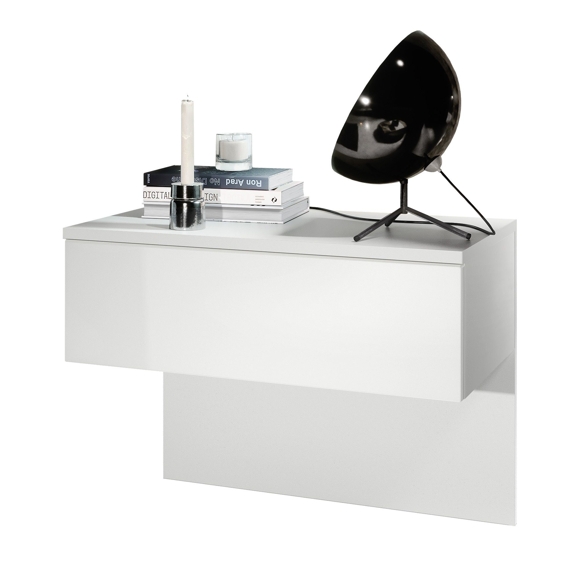 Vladon Nachttisch Sleep (Nachttischschrank, mit Schublade zur Wandmontage), Weiß matt/Weiß matt (60 x 46 x 35 cm)